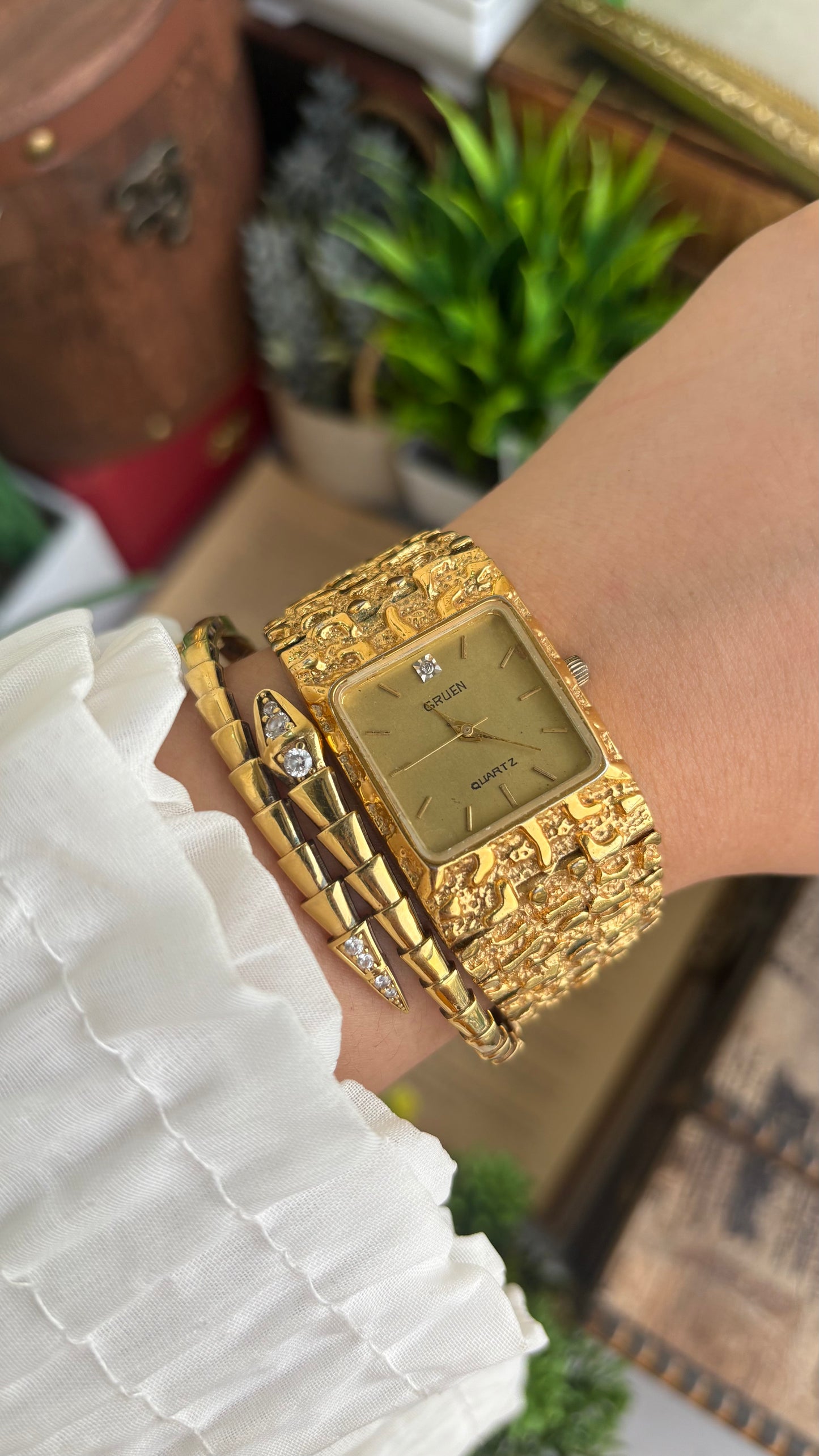 Vintage Gruen Nugget Watch in Gold Tone with Diamond