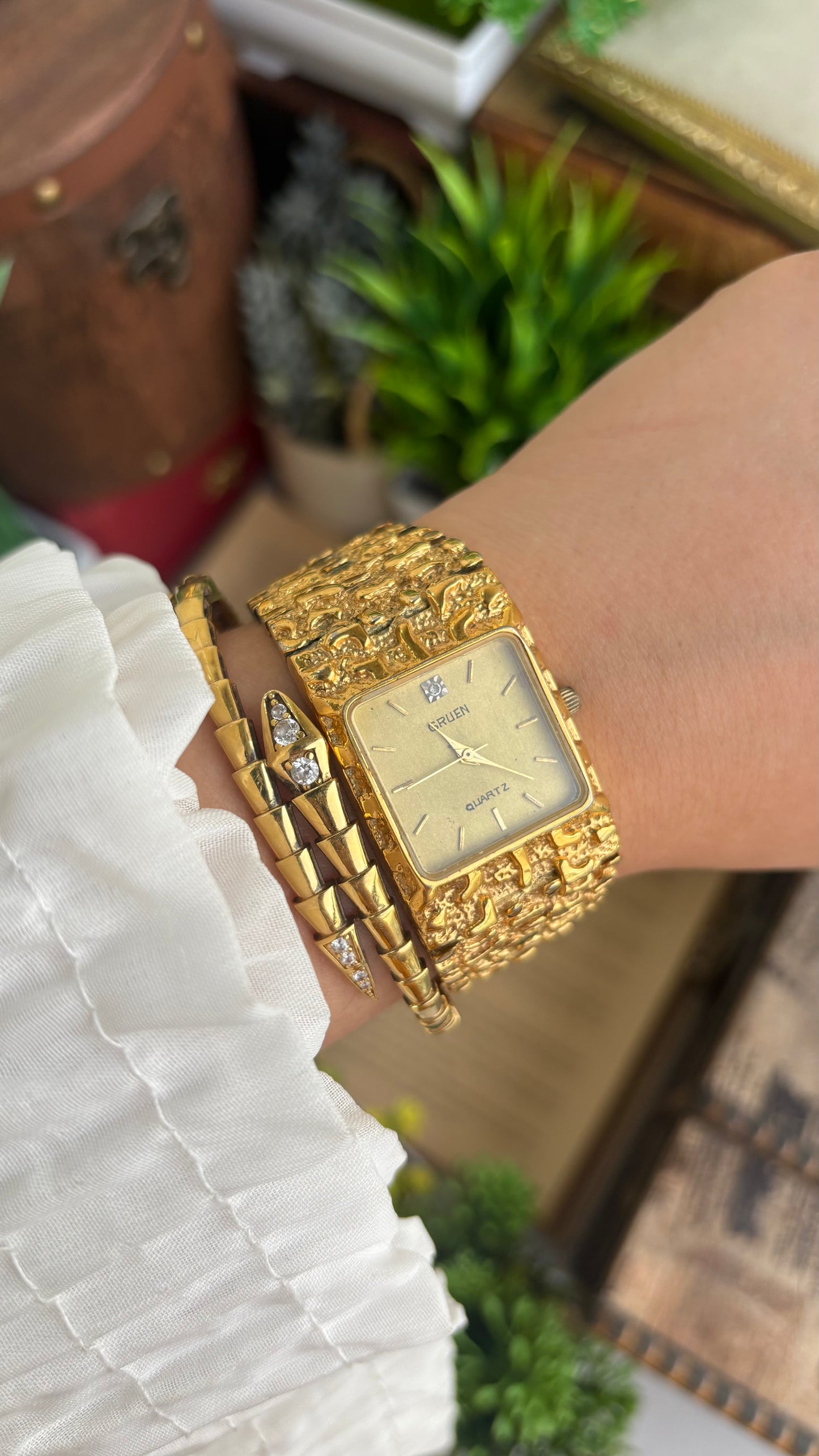 Vintage Gruen Nugget Watch in Gold Tone with Diamond