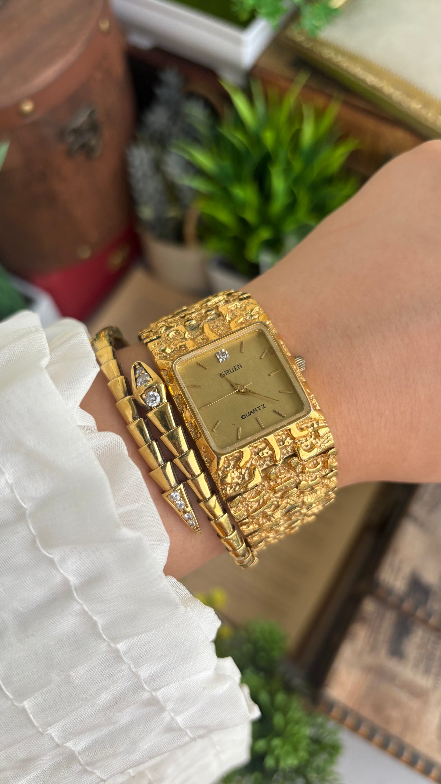 Vintage Gruen Nugget Watch in Gold Tone with Diamond