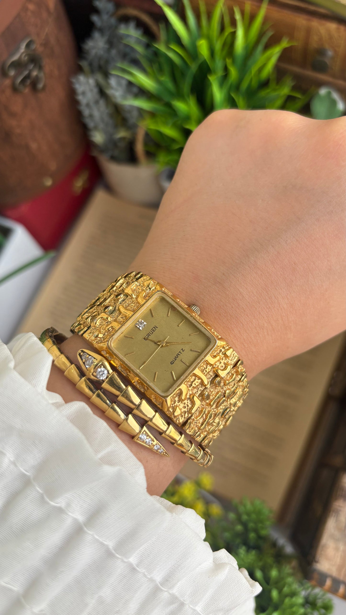 Vintage Gruen Nugget Watch in Gold Tone with Diamond