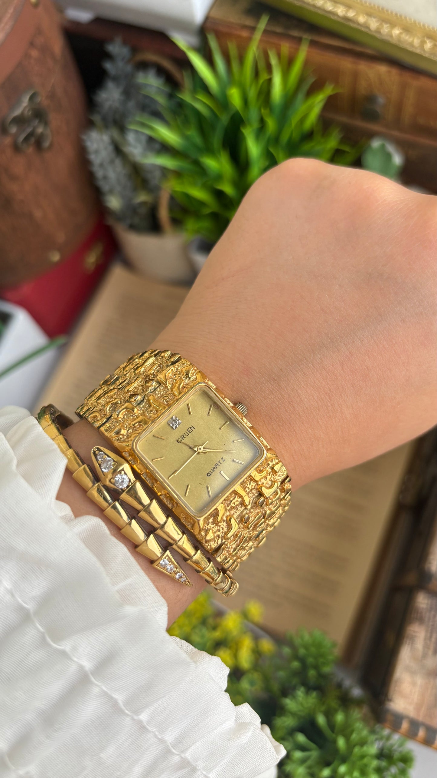 Vintage Gruen Nugget Watch in Gold Tone with Diamond
