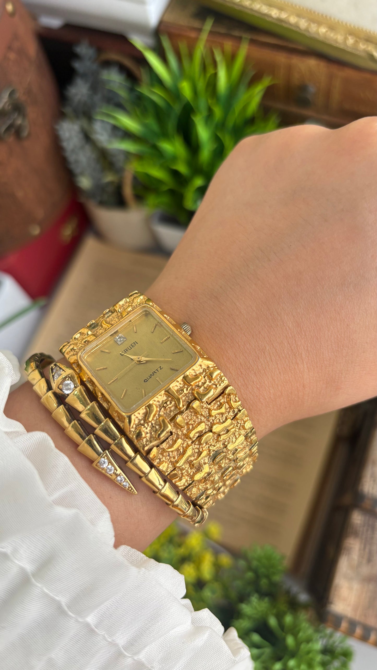 Vintage Gruen Nugget Watch in Gold Tone with Diamond