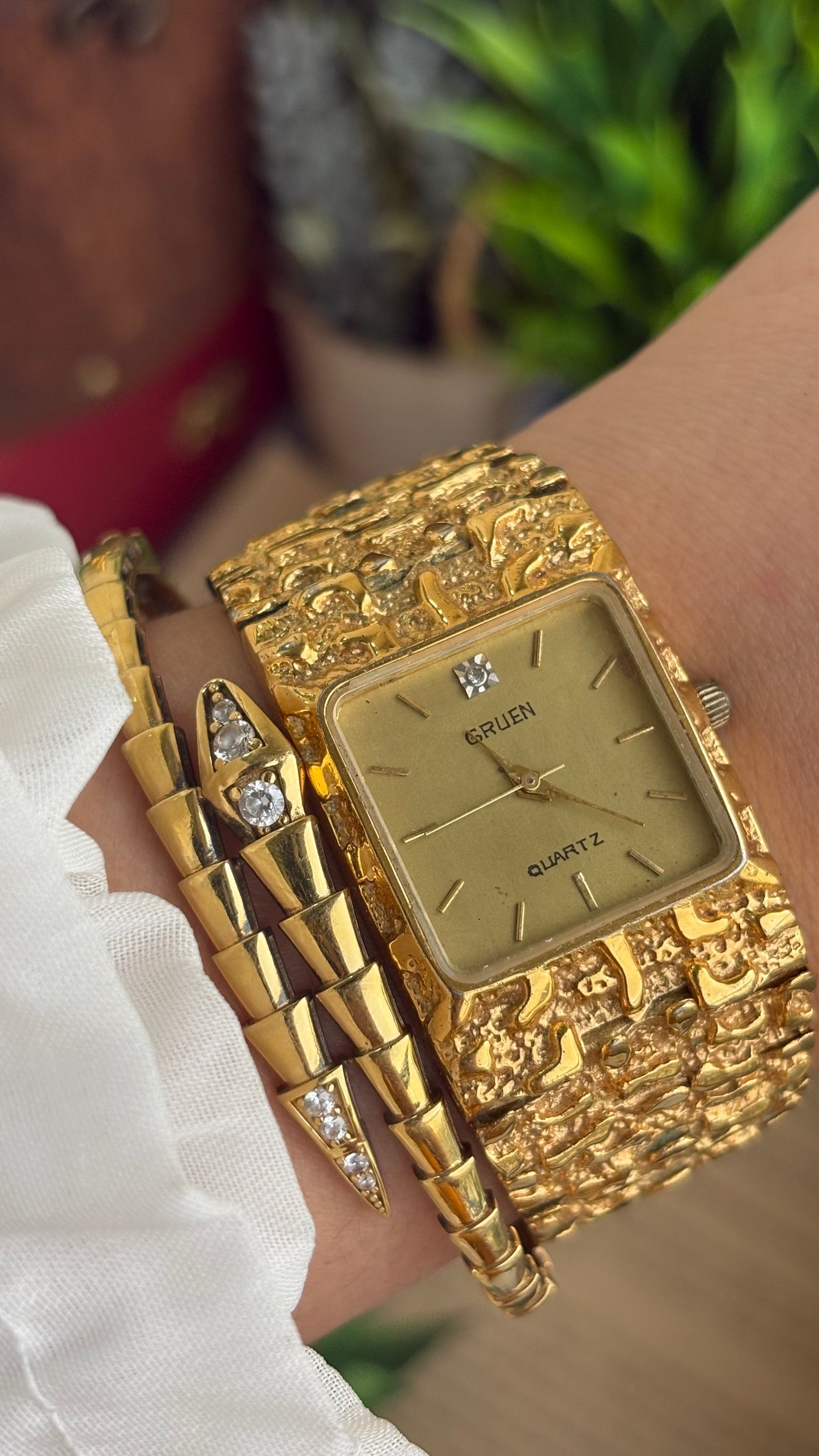 Vintage Gruen Nugget Watch in Gold Tone with Diamond