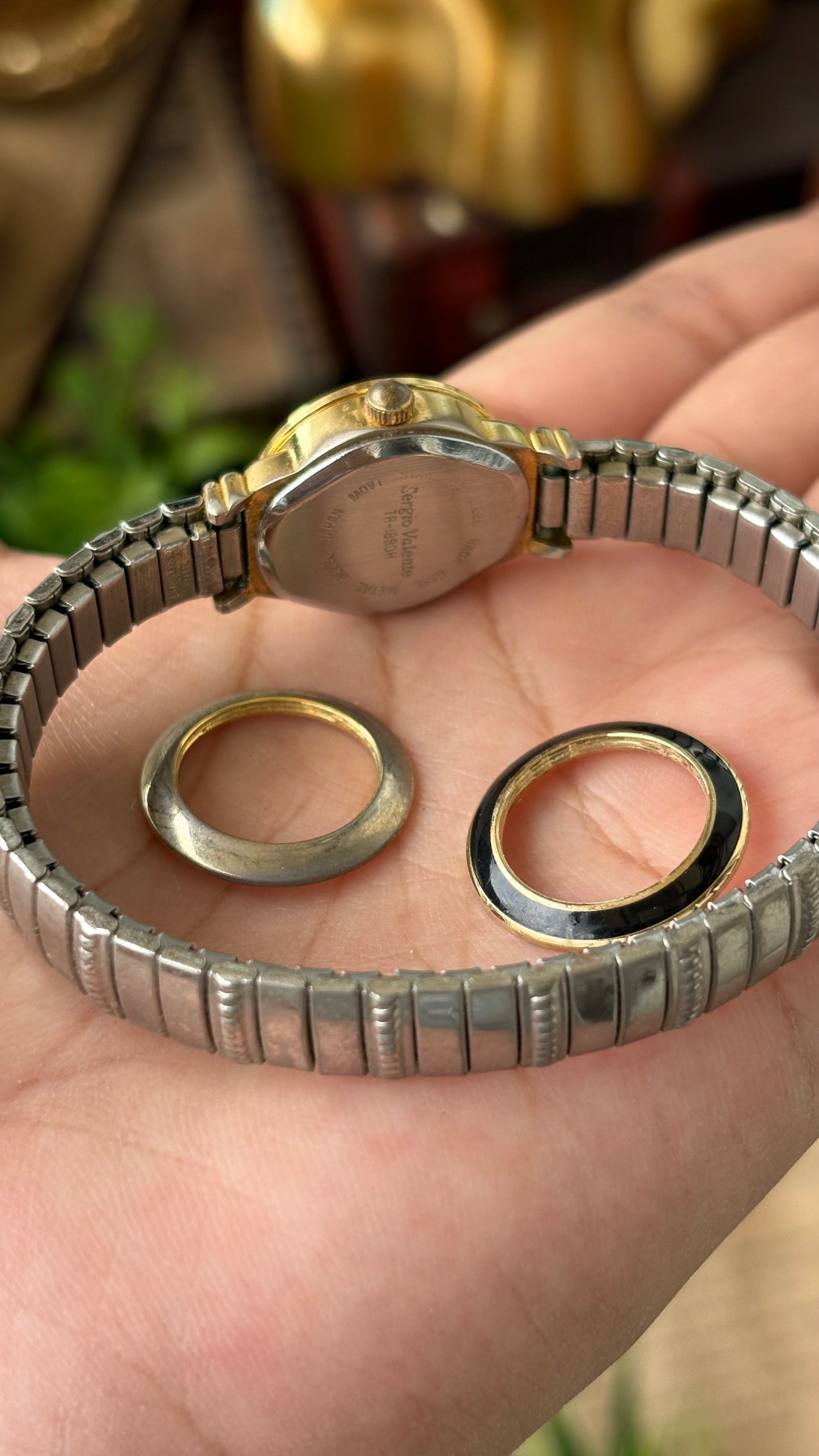 Extremely Rare Dainty Vintage Sergio Valente Interchangeable Bezel Stretchy Band Watch in Two-Tone Quartz #00633