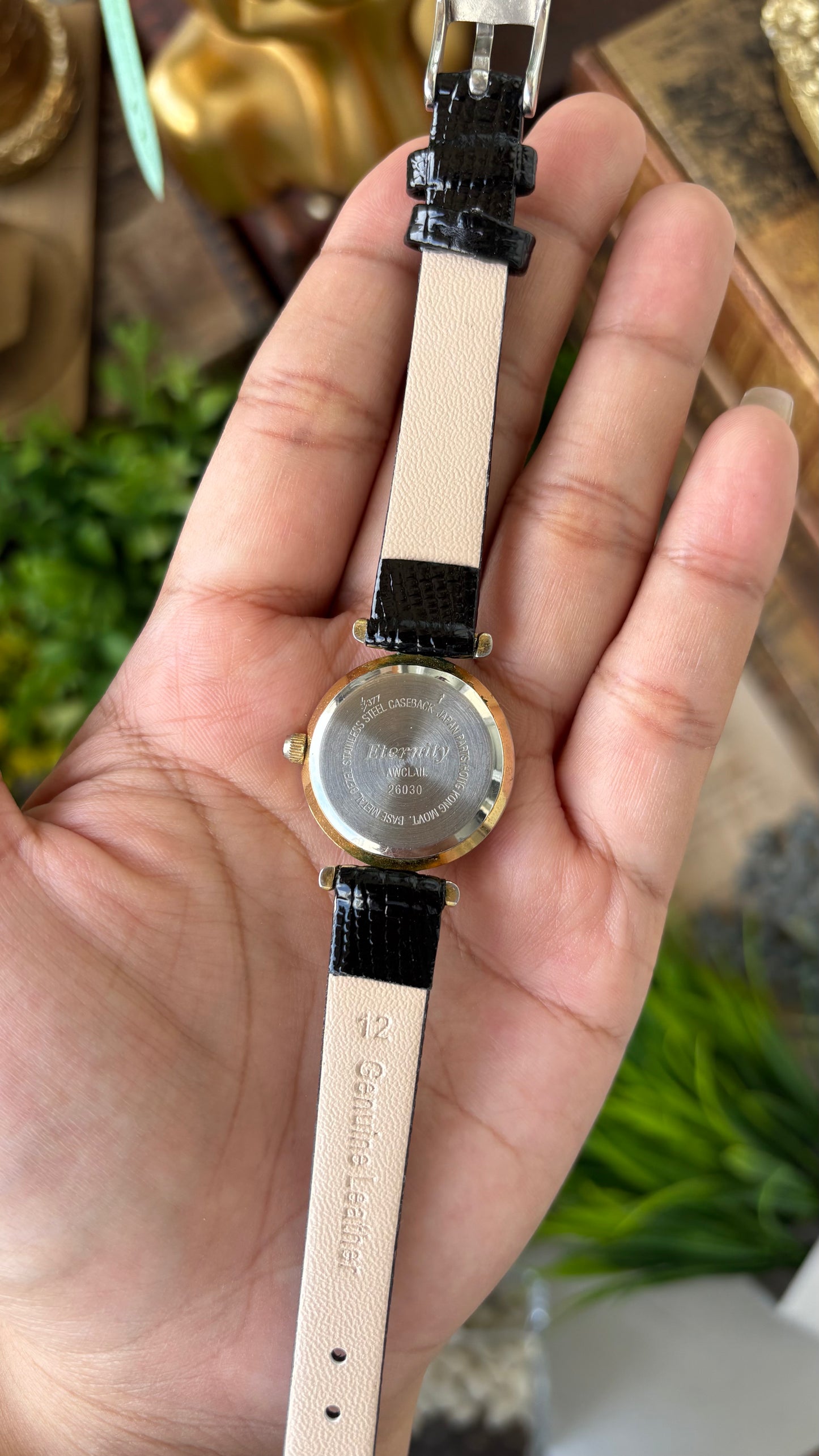 Vintage Eternity Watch in Gold Tone Black Leather Black Diamond Dial Quartz #00618