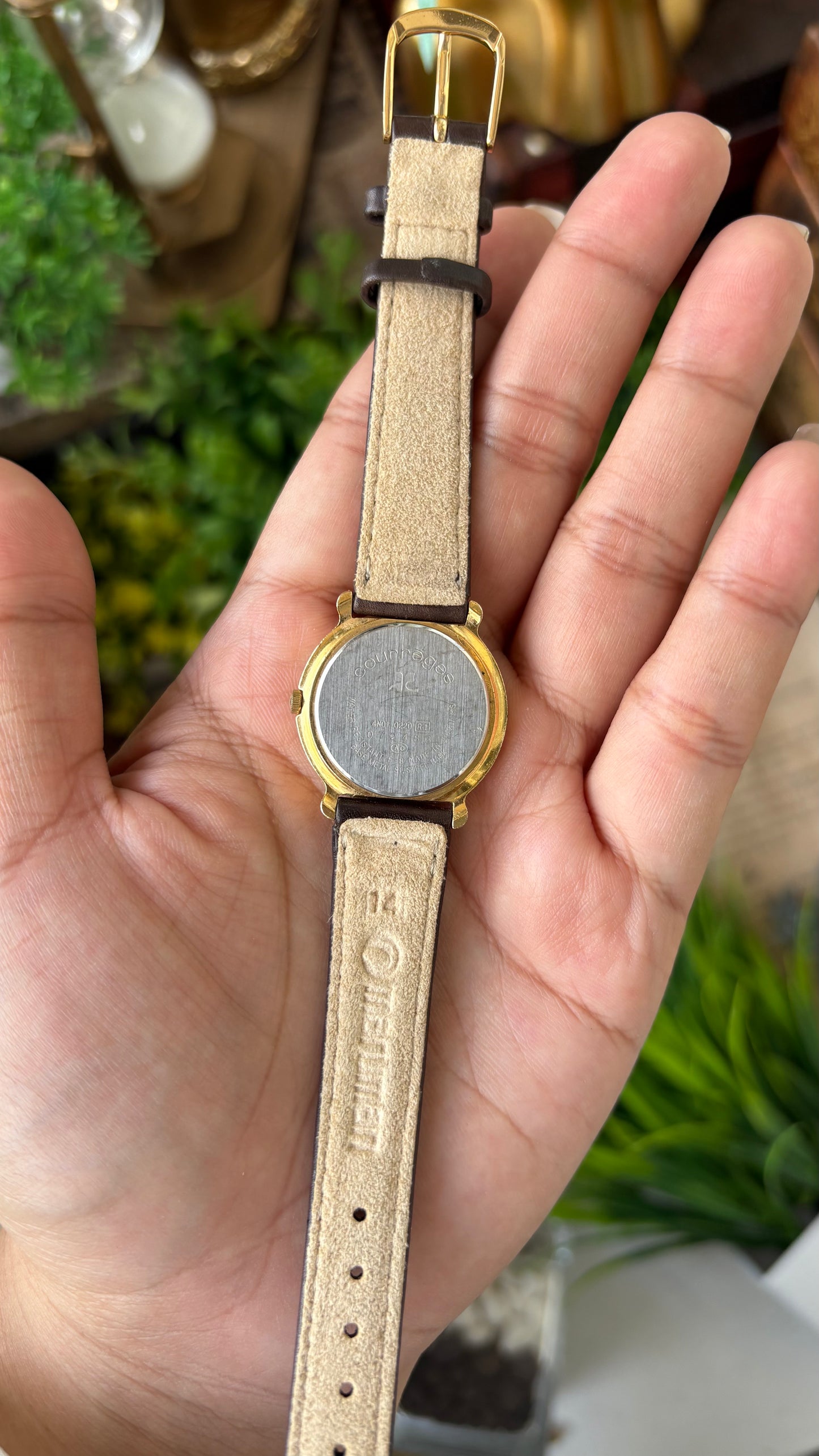 Vintage Courreges Paris Engraved Bezel Watch in Gold Tone Brown Leather Grid Dial Quartz #00604