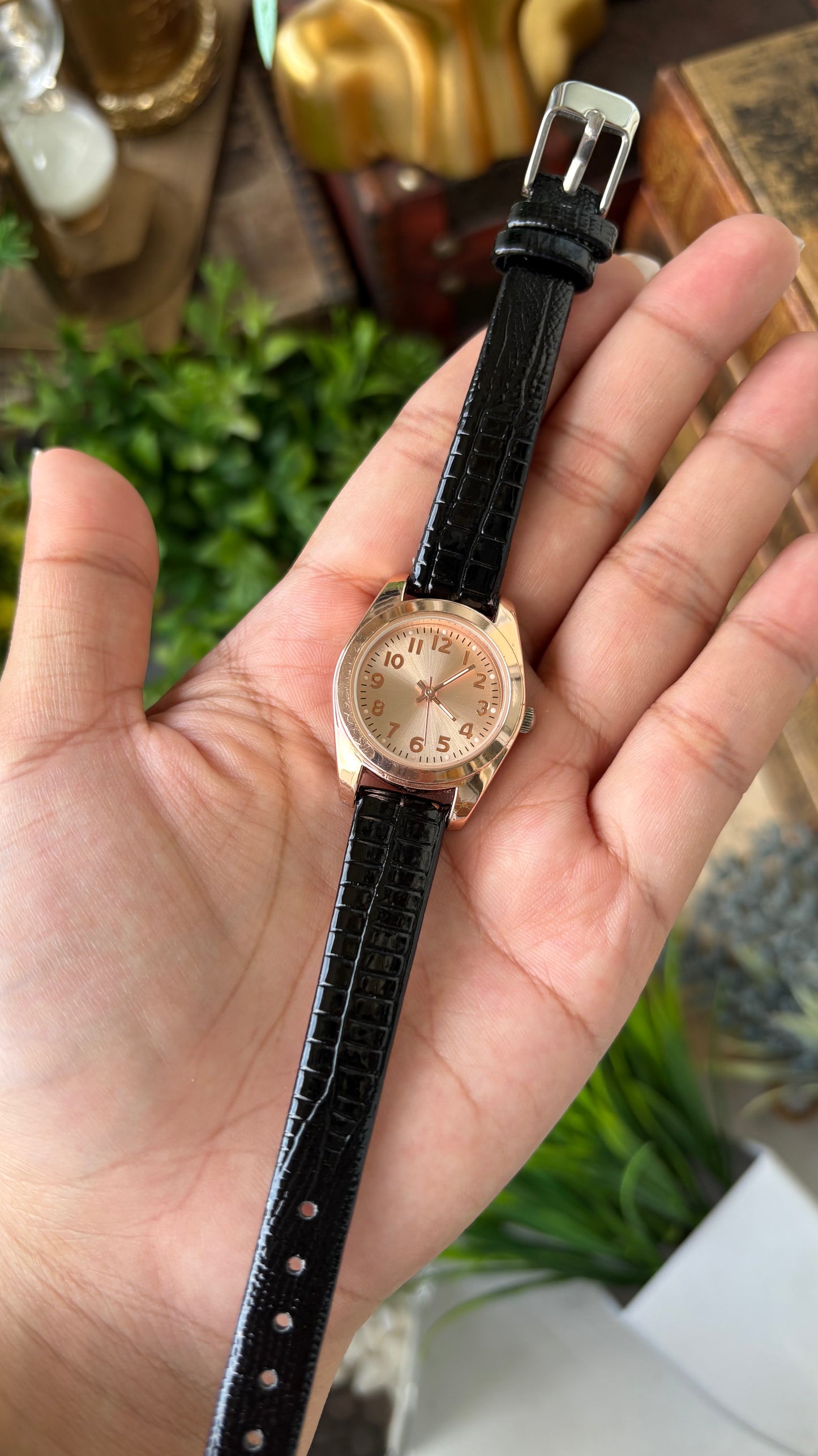 Vintage FMD Minimalist Watch in Rose Gold Tone Black Leather Quartz #00616