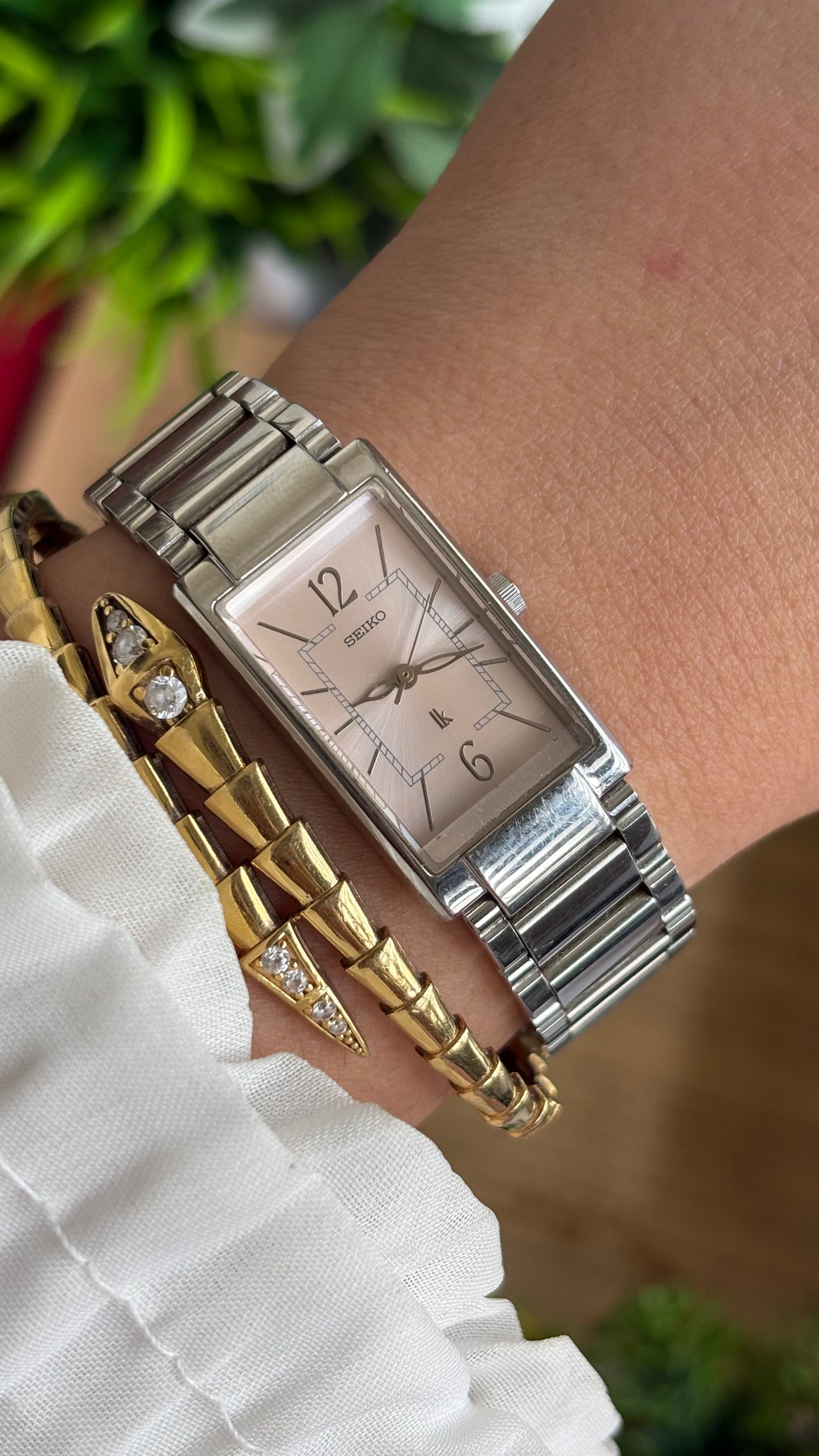 Vintage Seiko Tank Watch in Silver Tone Pink Dial