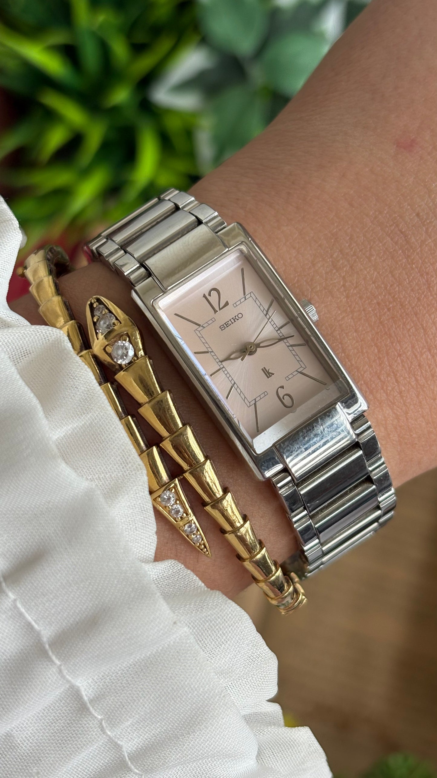 Vintage Seiko Tank Watch in Silver Tone Pink Dial
