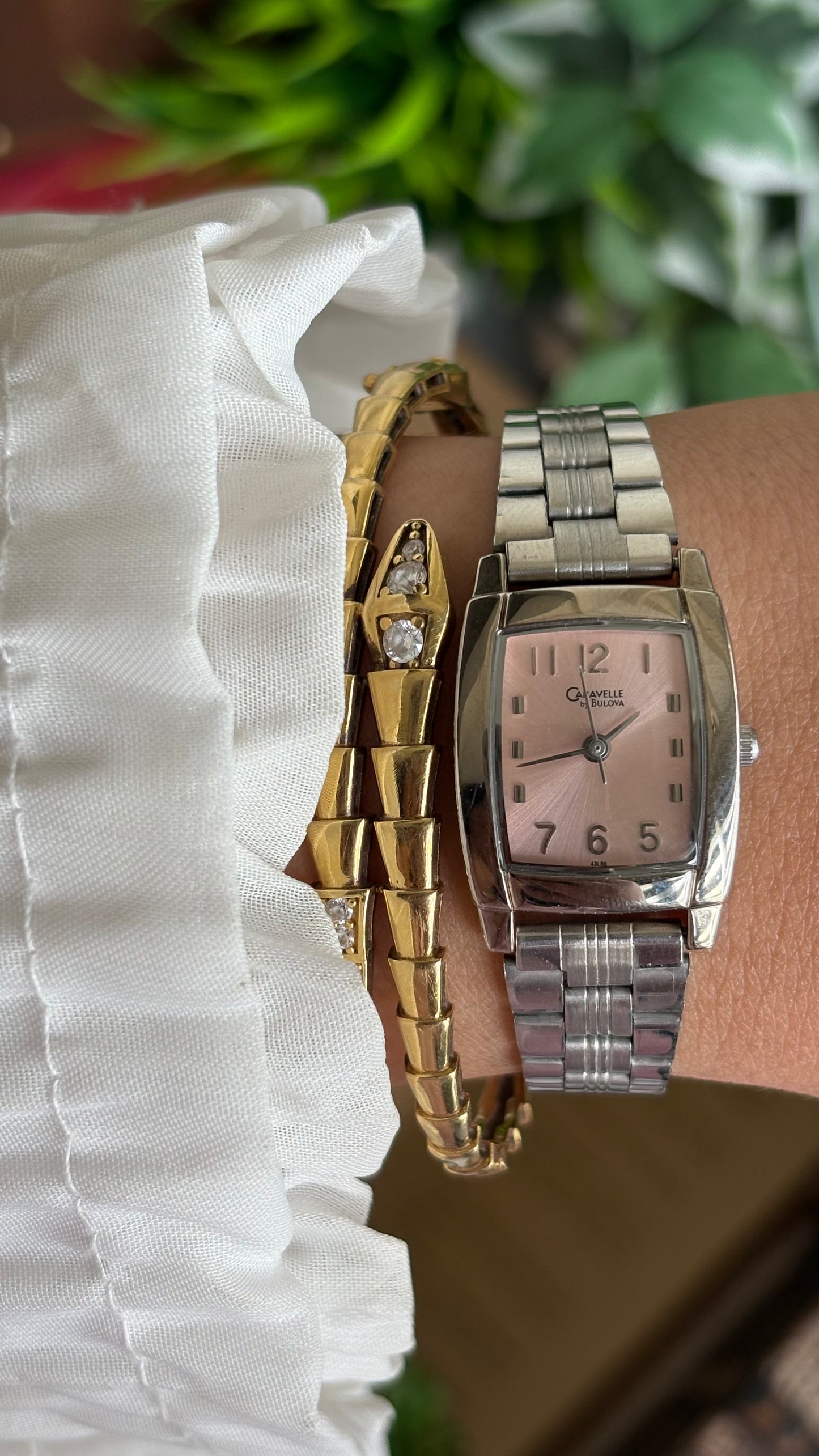 Vintage Caravelle by Bulova Mini Tank Watch in Silver Tone Pink Dial