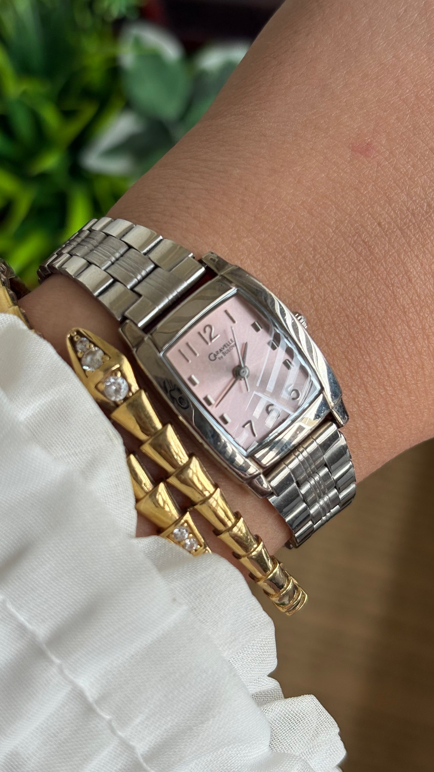 Vintage Caravelle by Bulova Mini Tank Watch in Silver Tone Pink Dial