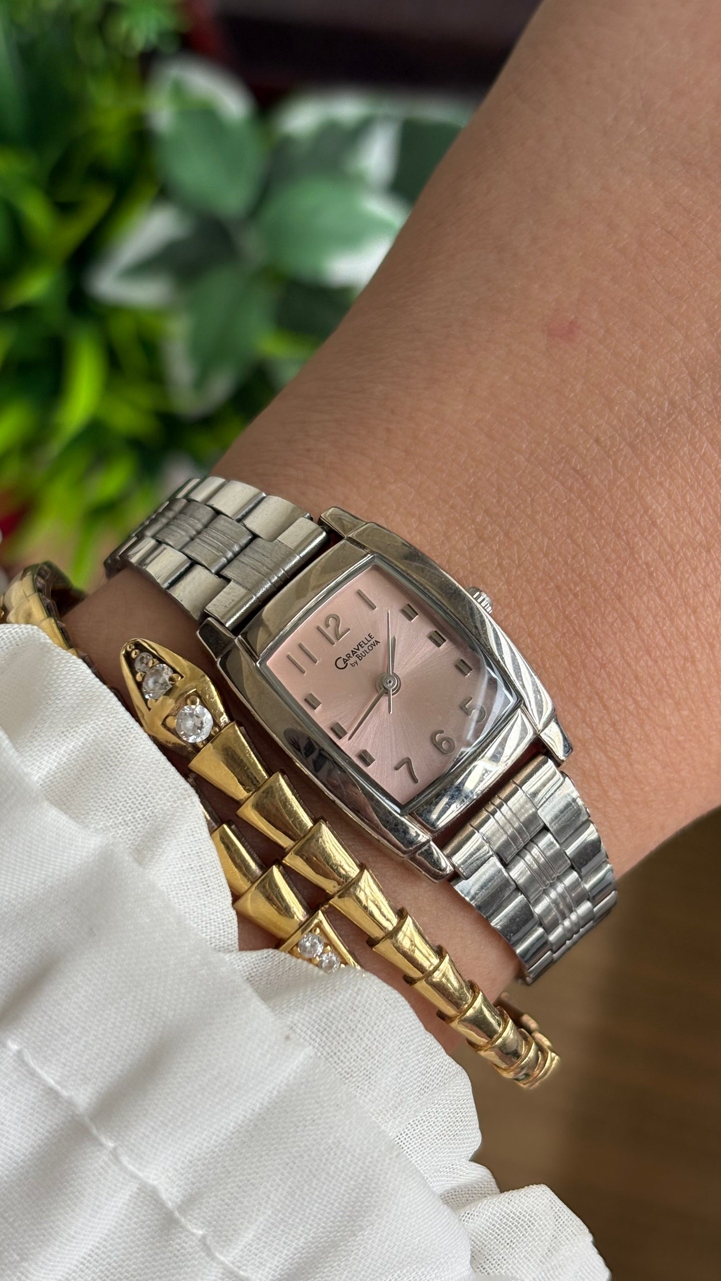 Vintage Caravelle by Bulova Mini Tank Watch in Silver Tone Pink Dial