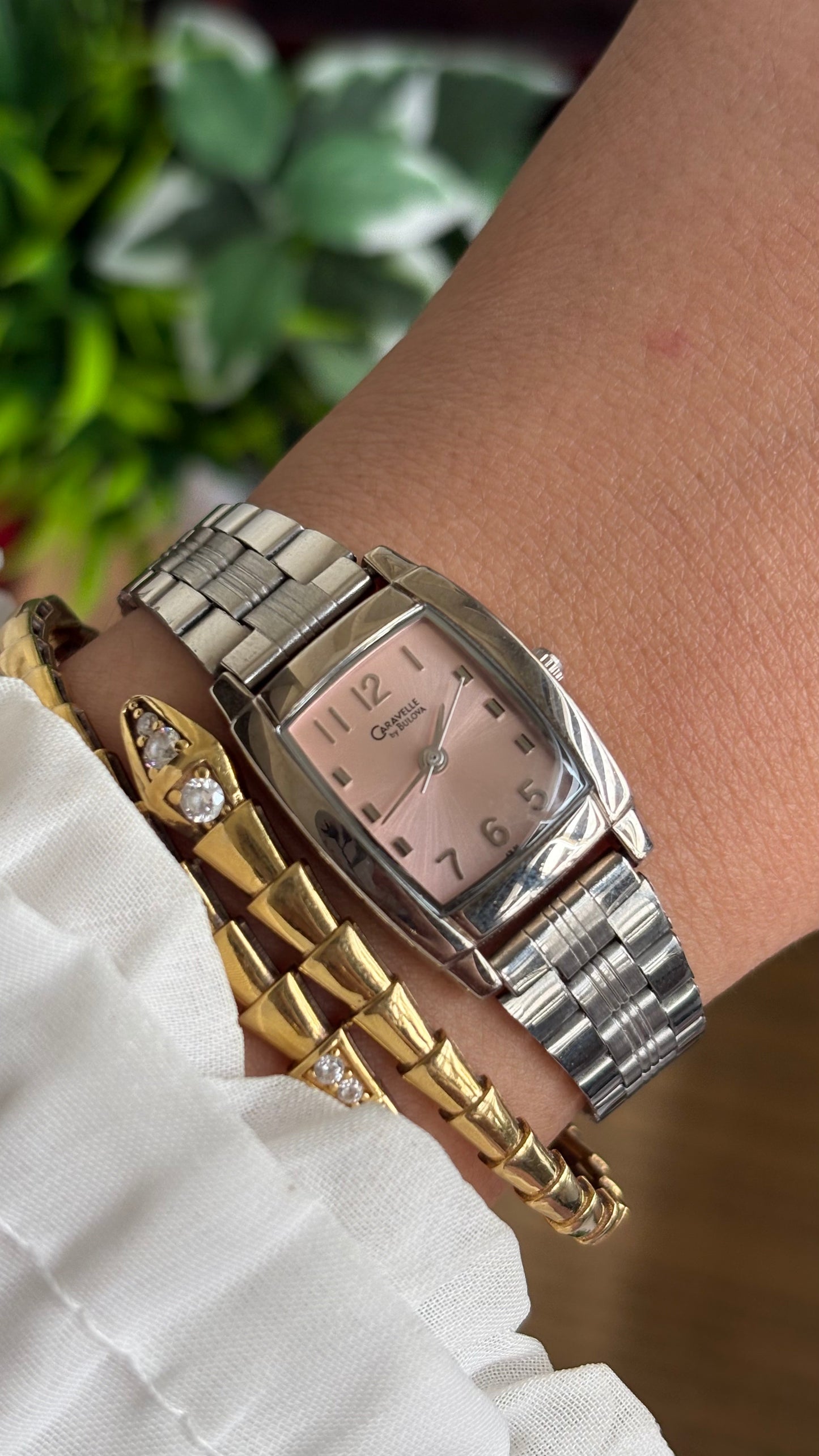 Vintage Caravelle by Bulova Mini Tank Watch in Silver Tone Pink Dial