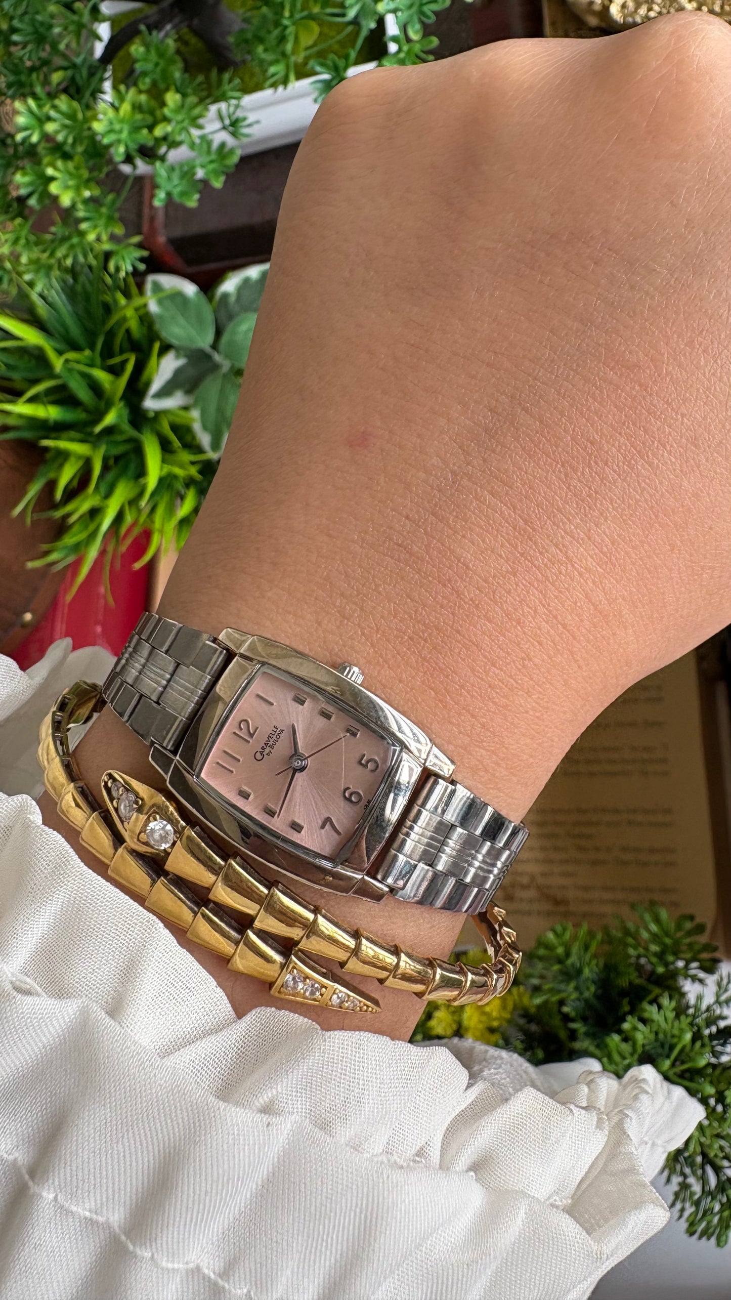 Vintage Caravelle by Bulova Mini Tank Watch in Silver Tone Pink Dial