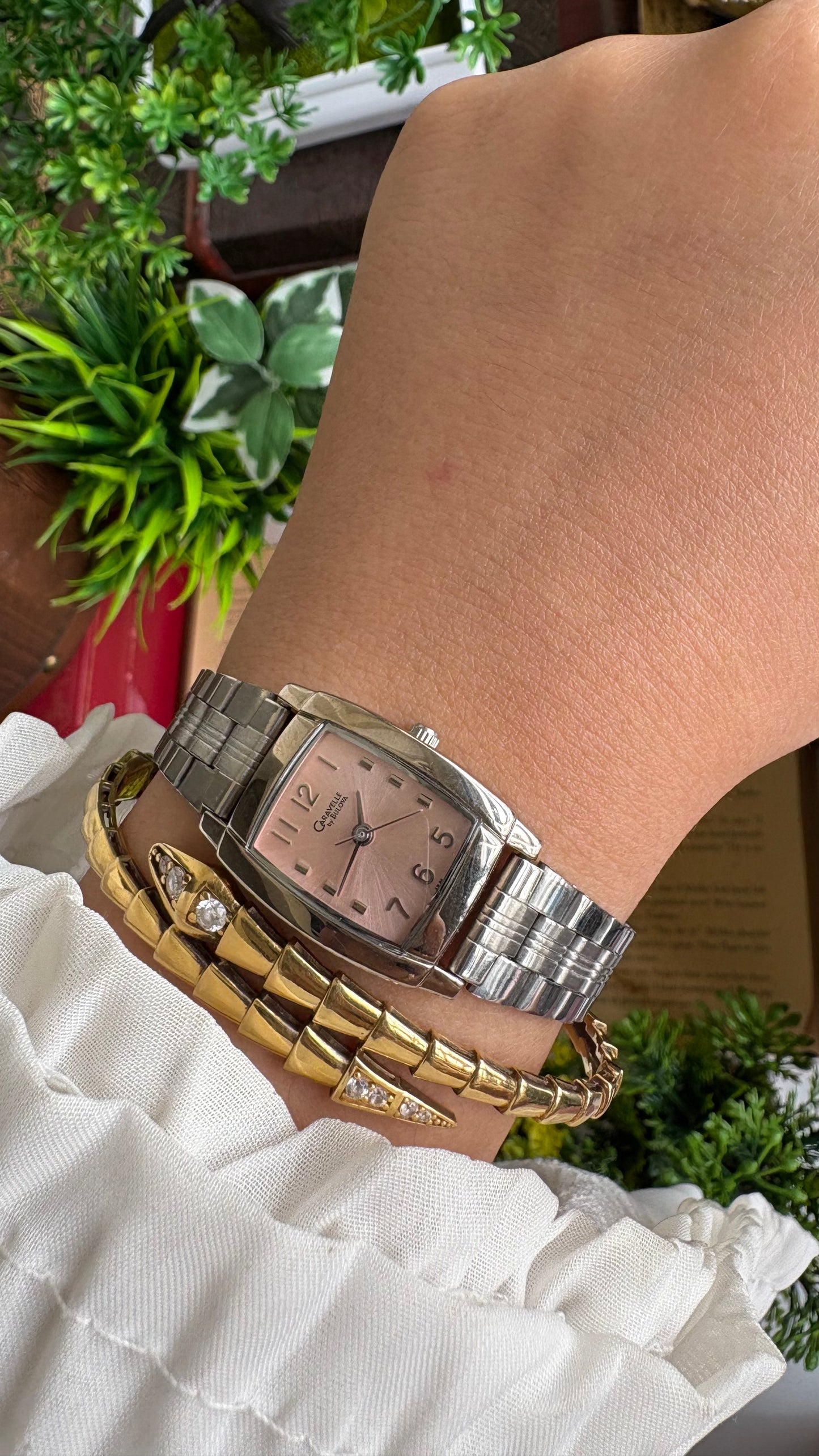Vintage Caravelle by Bulova Mini Tank Watch in Silver Tone Pink Dial