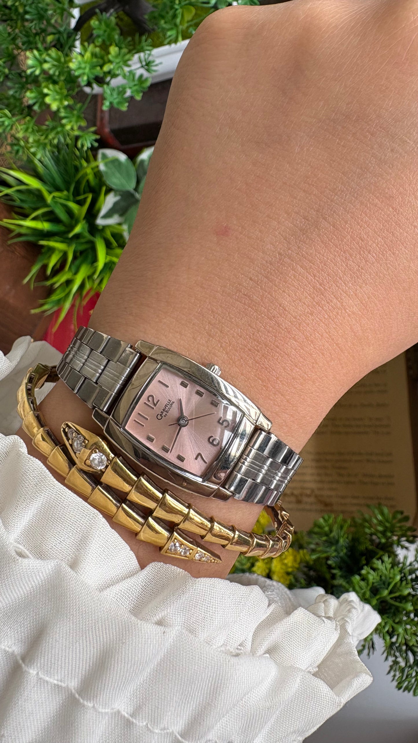 Vintage Caravelle by Bulova Mini Tank Watch in Silver Tone Pink Dial