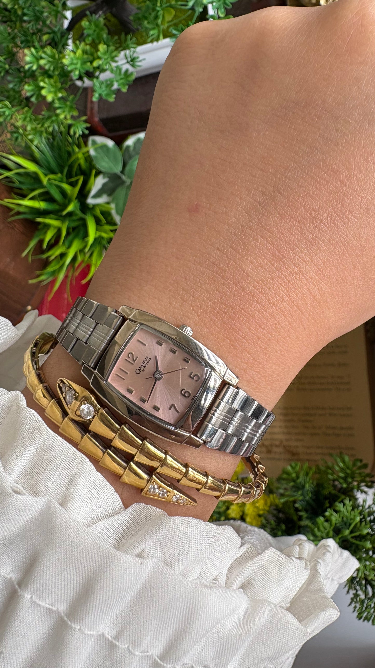 Vintage Caravelle by Bulova Mini Tank Watch in Silver Tone Pink Dial