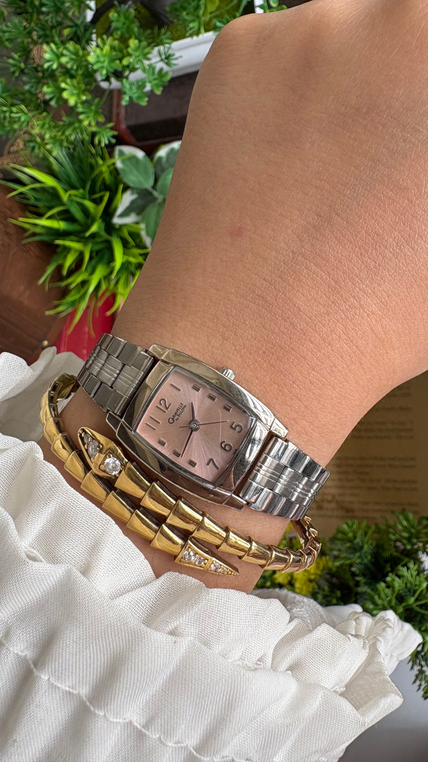 Vintage Caravelle by Bulova Mini Tank Watch in Silver Tone Pink Dial