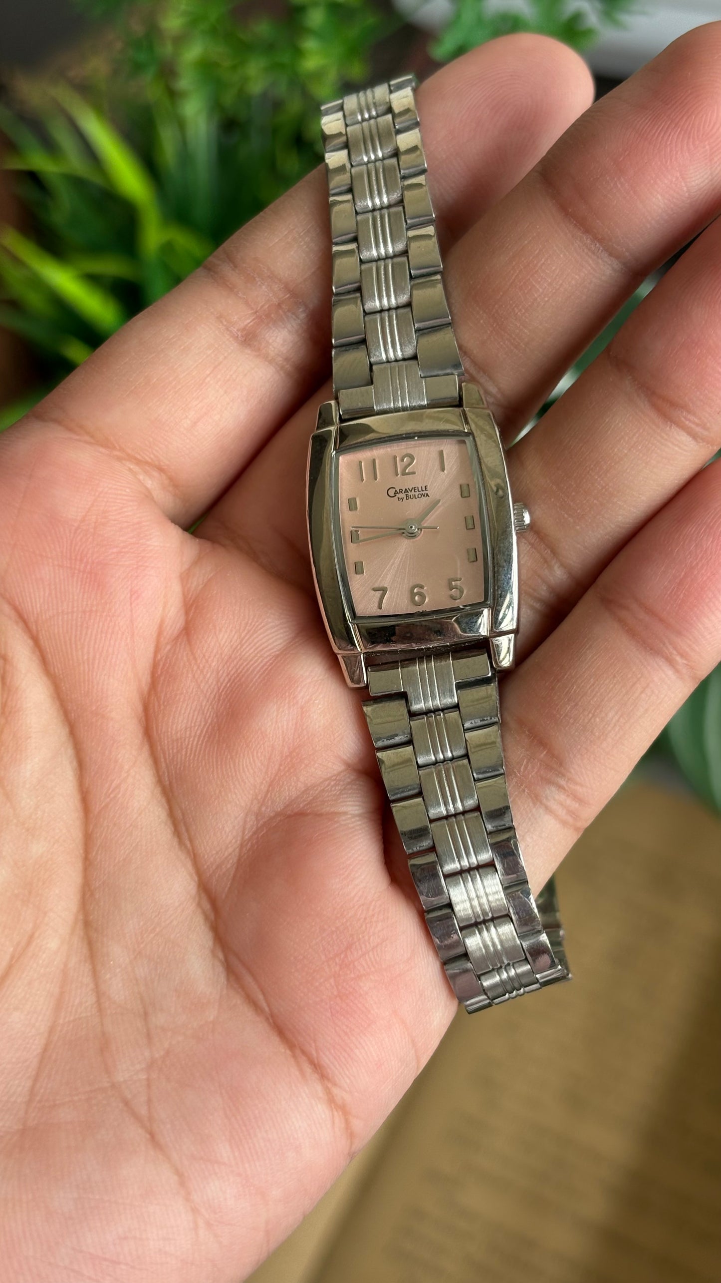 Vintage Caravelle by Bulova Mini Tank Watch in Silver Tone Pink Dial