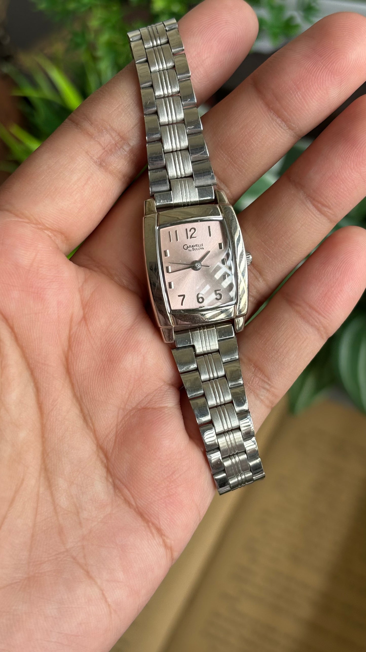 Vintage Caravelle by Bulova Mini Tank Watch in Silver Tone Pink Dial