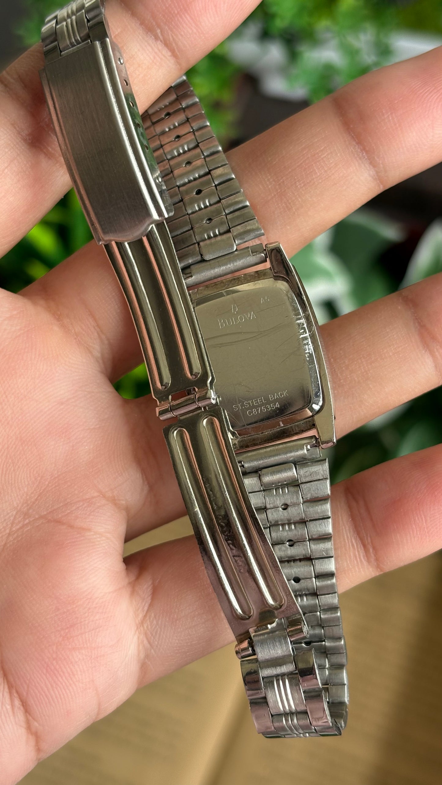 Vintage Caravelle by Bulova Mini Tank Watch in Silver Tone Pink Dial