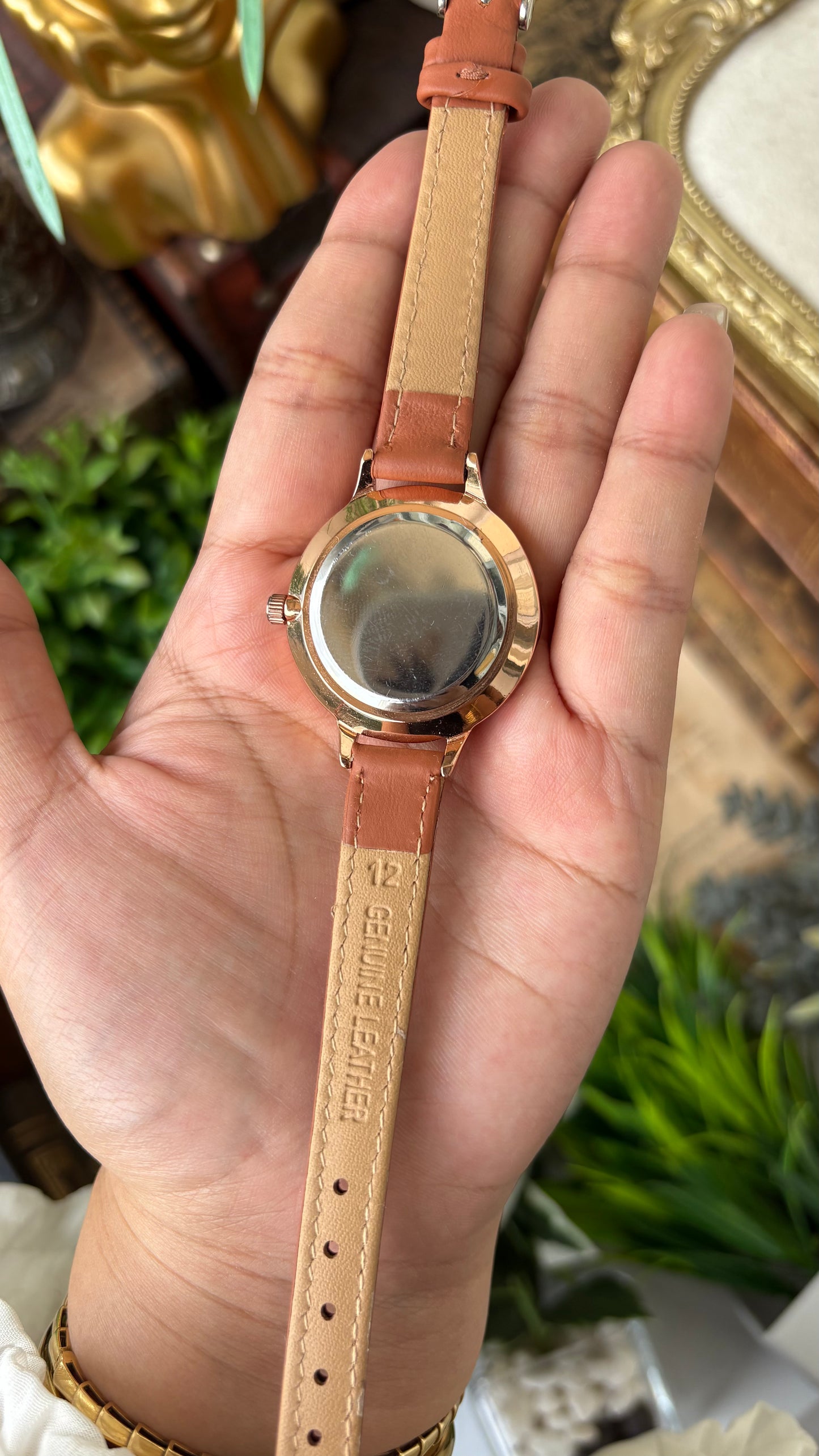 Vintage Japan Quartz Minimalist Watch in Rose Gold Tone Honey Brown Leather #00918