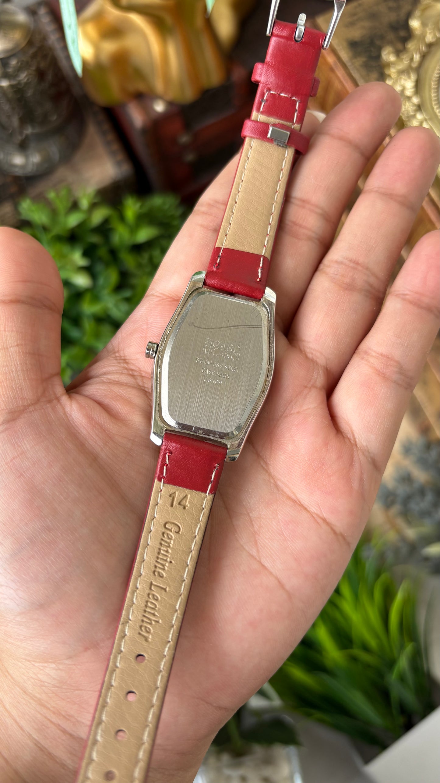 Vintage Figaro Milano Dual Face Rhinestoned Bezel in Silver Tone Red Leather Franck Muller Inspired Quartz #00911