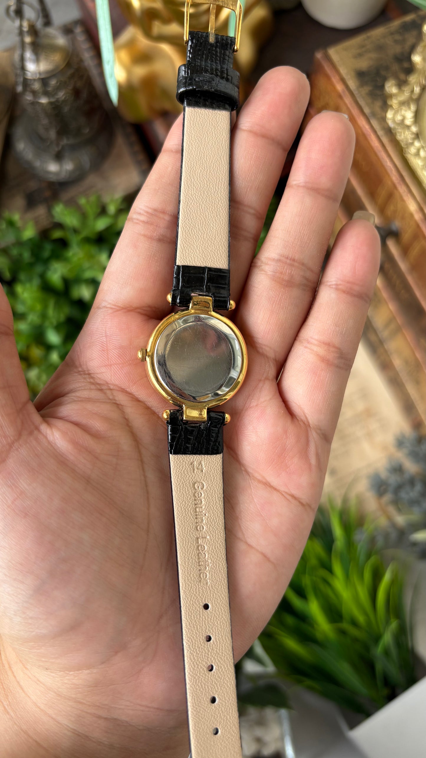 Rare Vintage Mario Valentino Swiss Elegant Minimalist Watch in Gold Tone Black Leather Gold Dial Quartz #00909