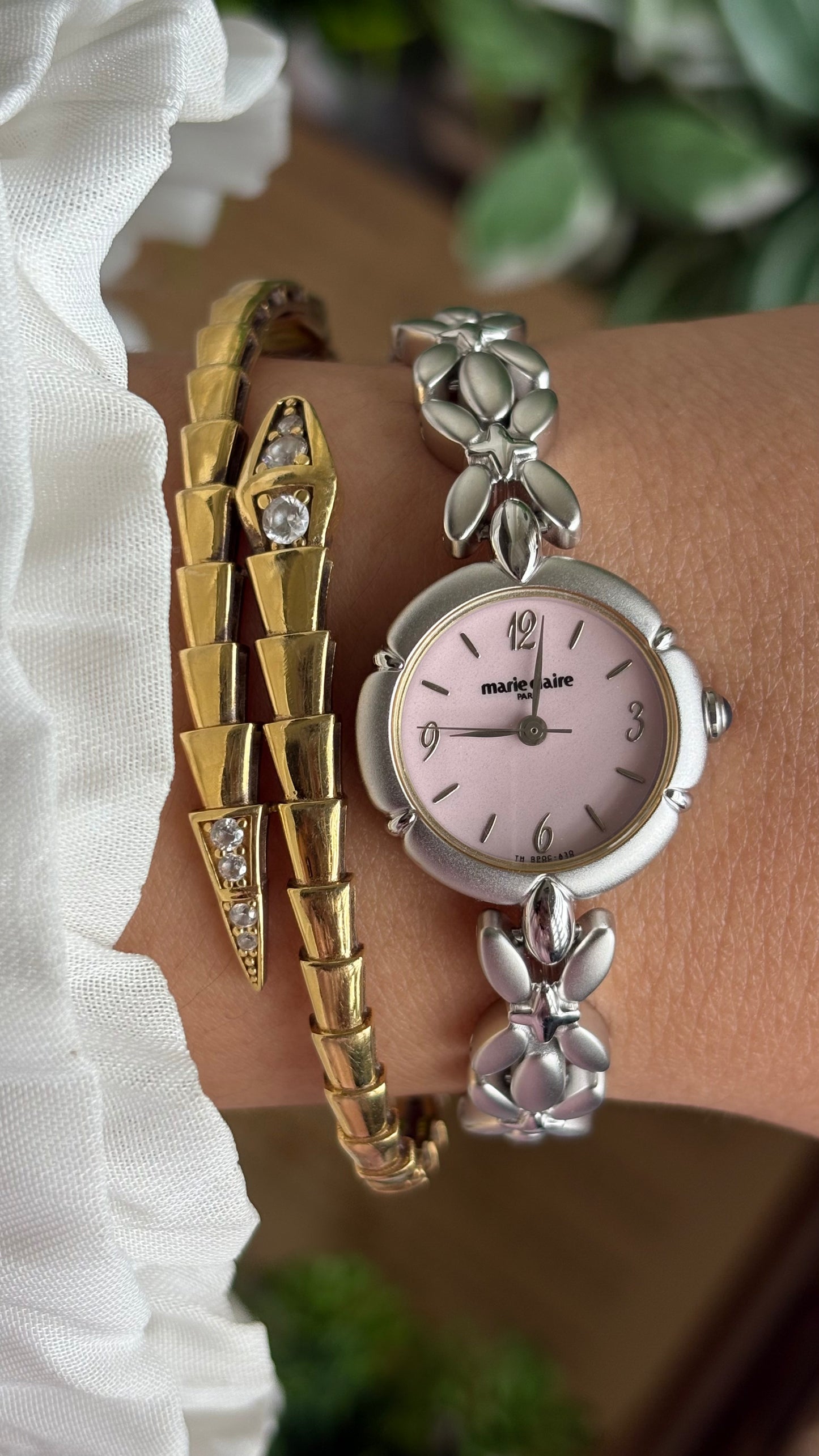 Vintage Coquette Marie Claire Watch in Silver Tone Pink Dial