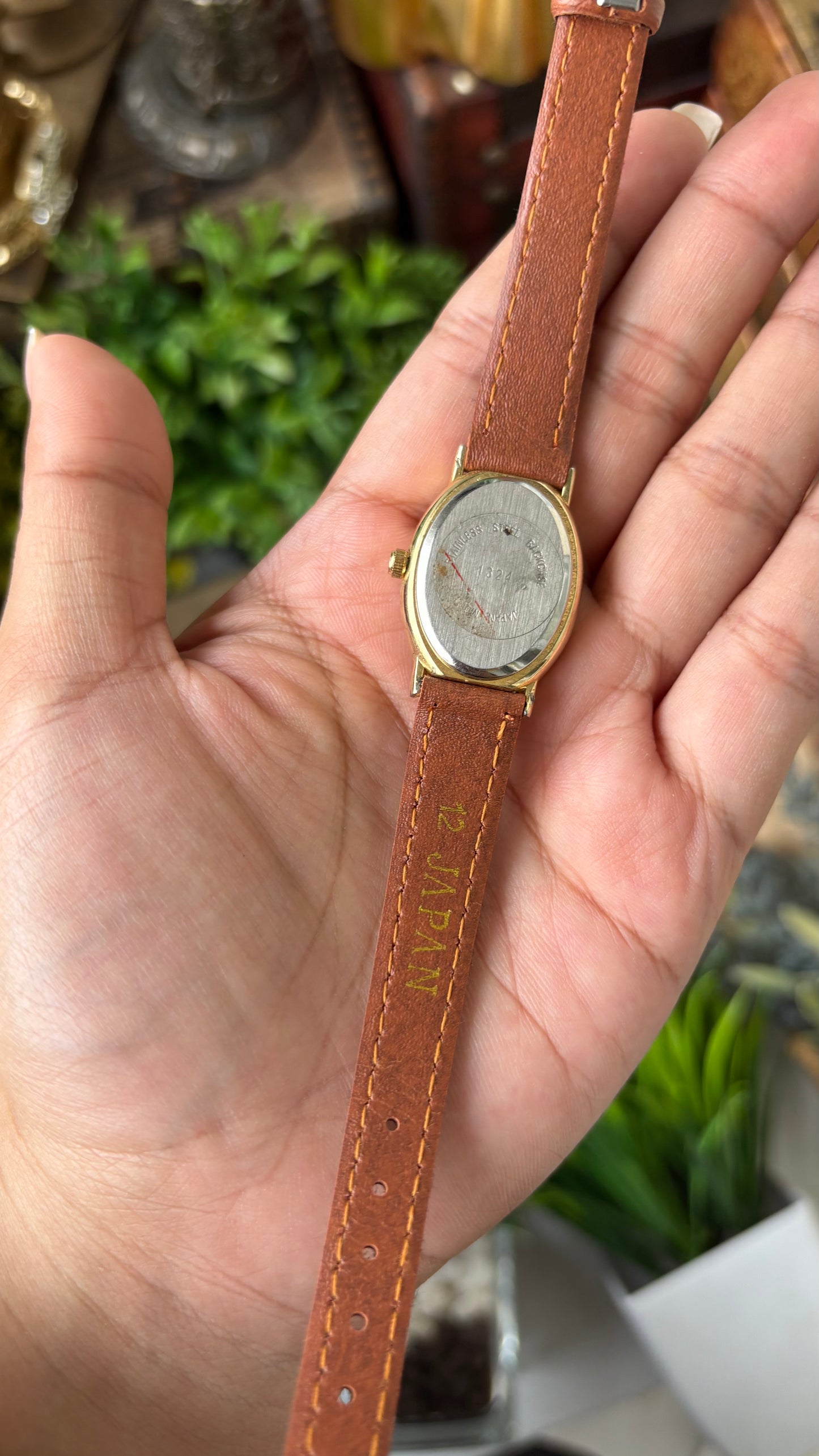 Vintage Vivani Elegant Rhinestone Bezel Watch in Gold Tone Brown Leather Mother of Pearl Dial Quartz #00930