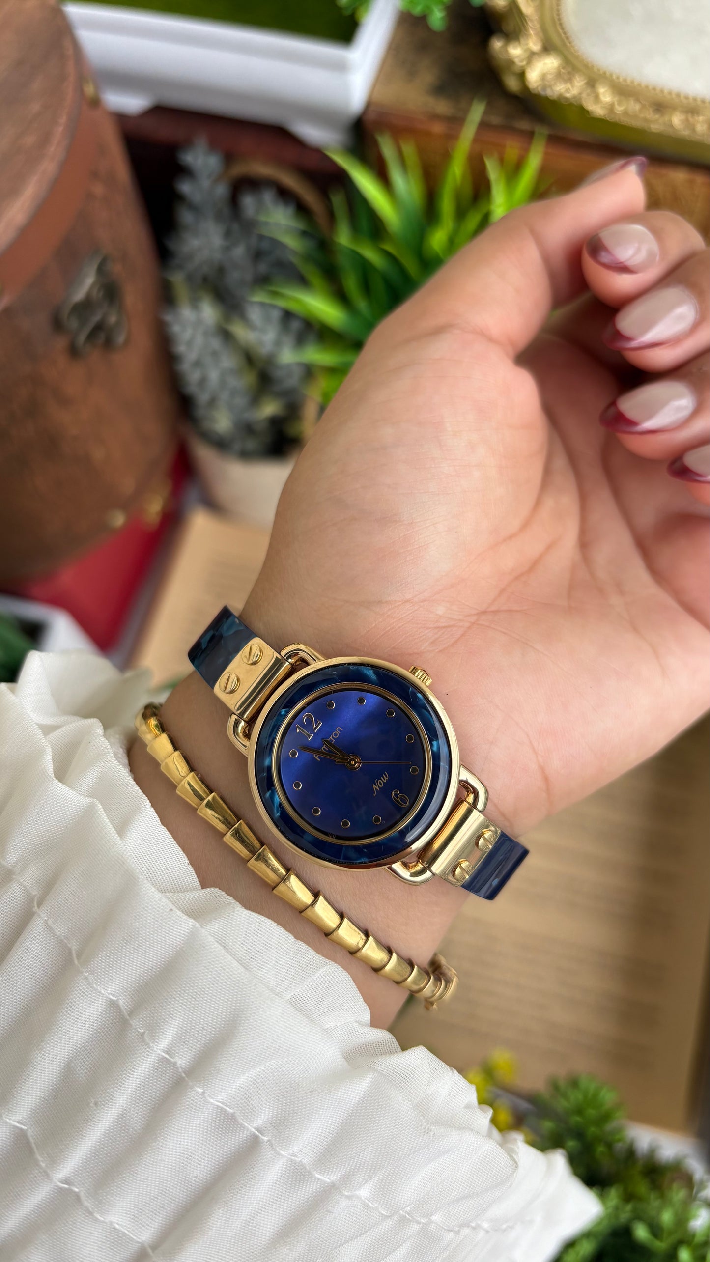 Vintage Armitron Watch In Gold Tone Deep Blue Mother of Pearl Dial
