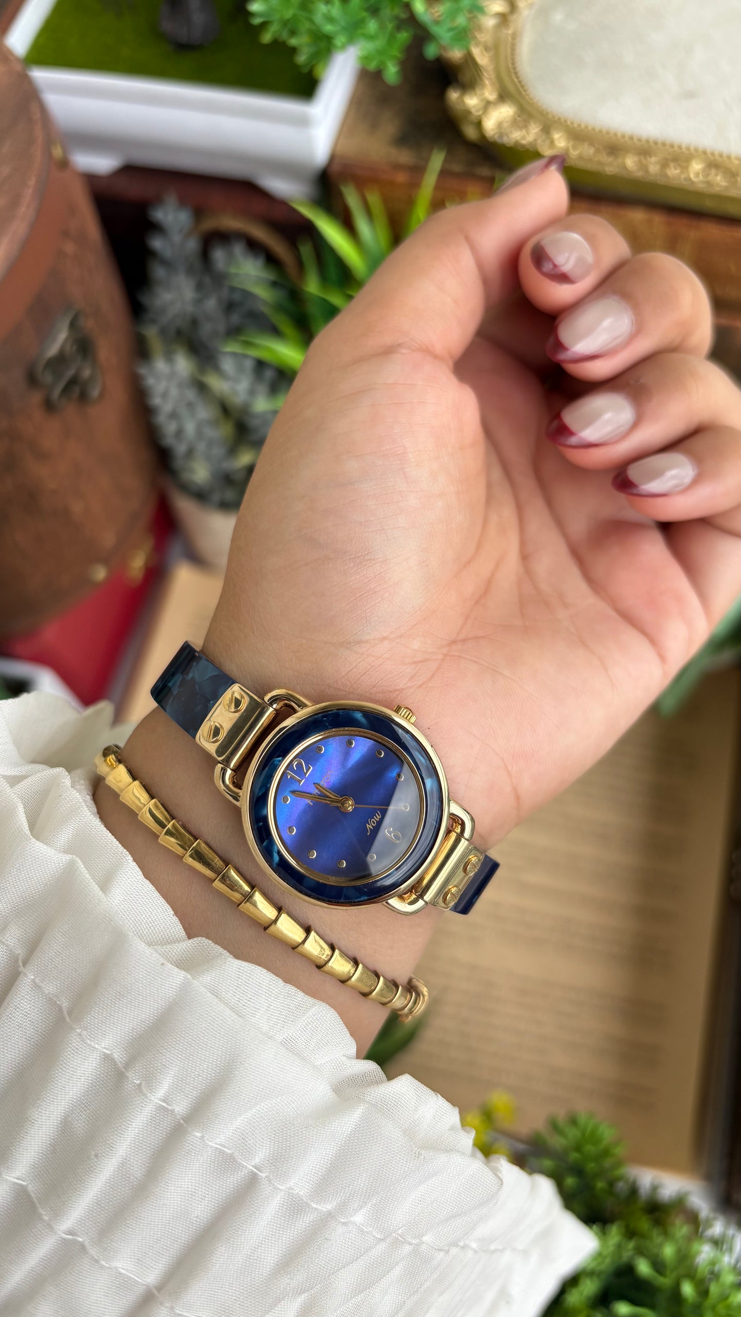 Vintage Armitron Watch In Gold Tone Deep Blue Mother of Pearl Dial