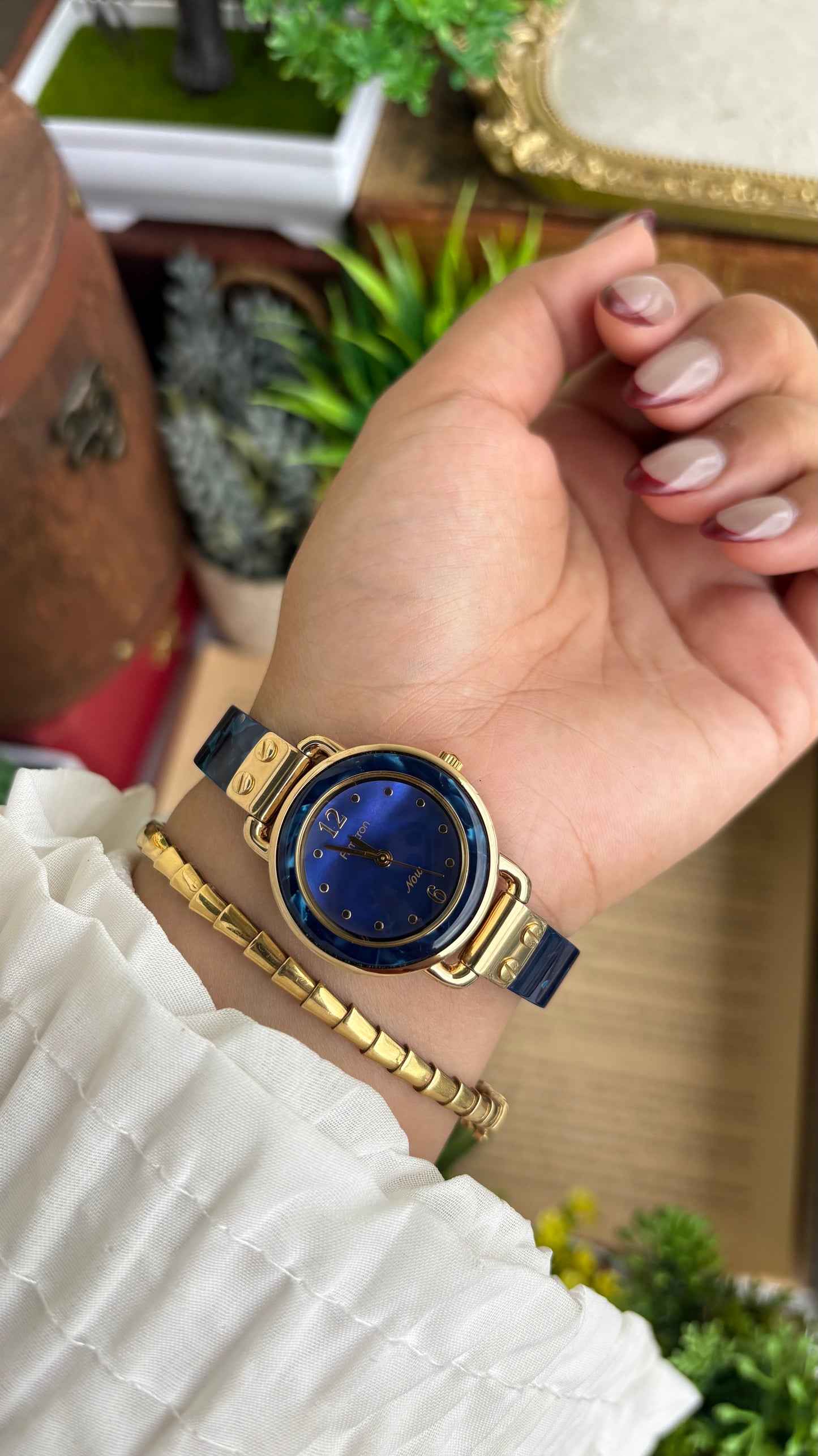 Vintage Armitron Watch In Gold Tone Deep Blue Mother of Pearl Dial