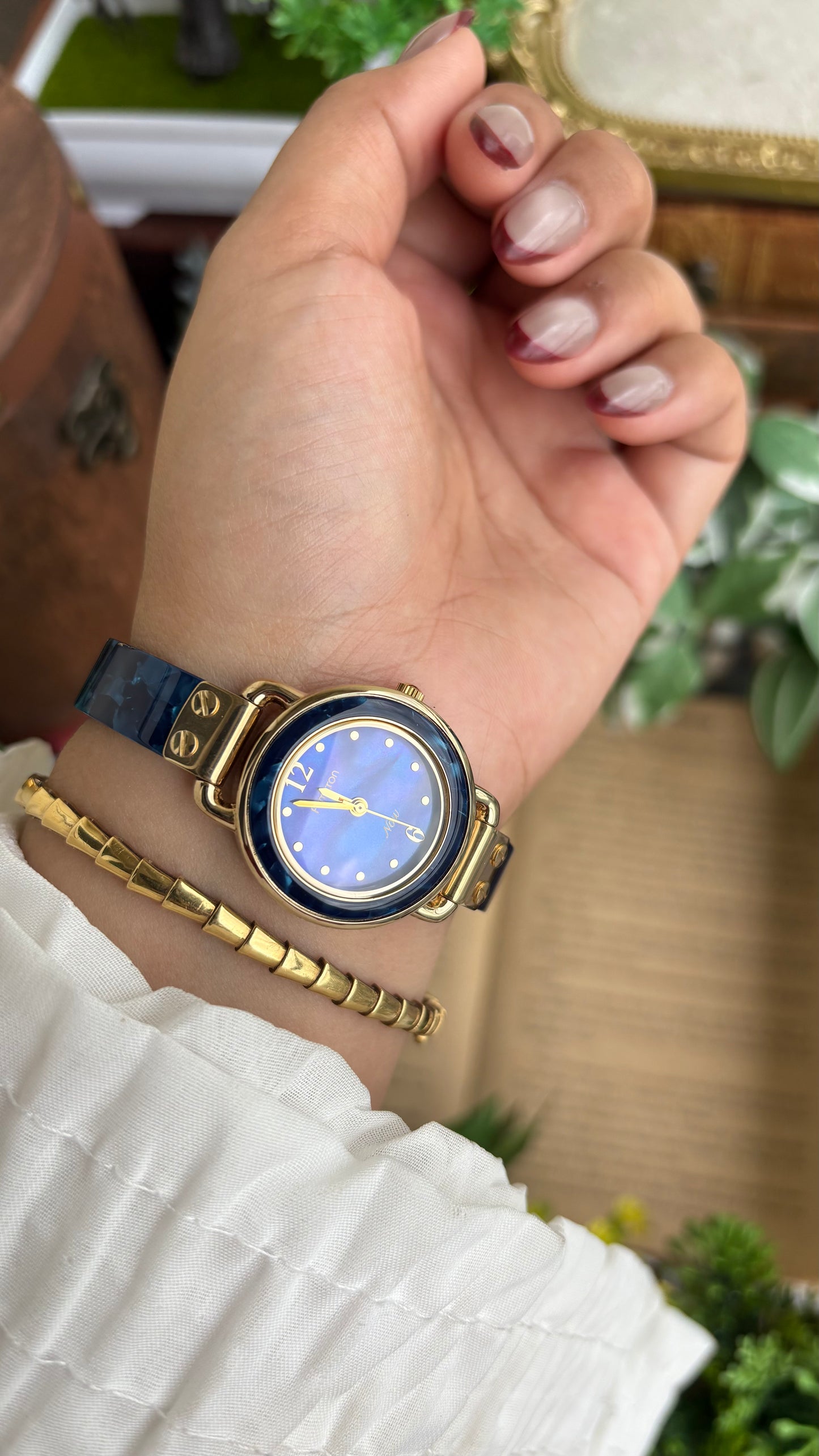Vintage Armitron Watch In Gold Tone Deep Blue Mother of Pearl Dial