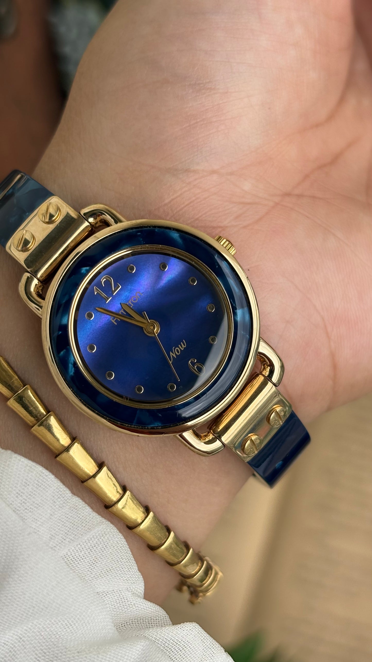 Vintage Armitron Watch In Gold Tone Deep Blue Mother of Pearl Dial