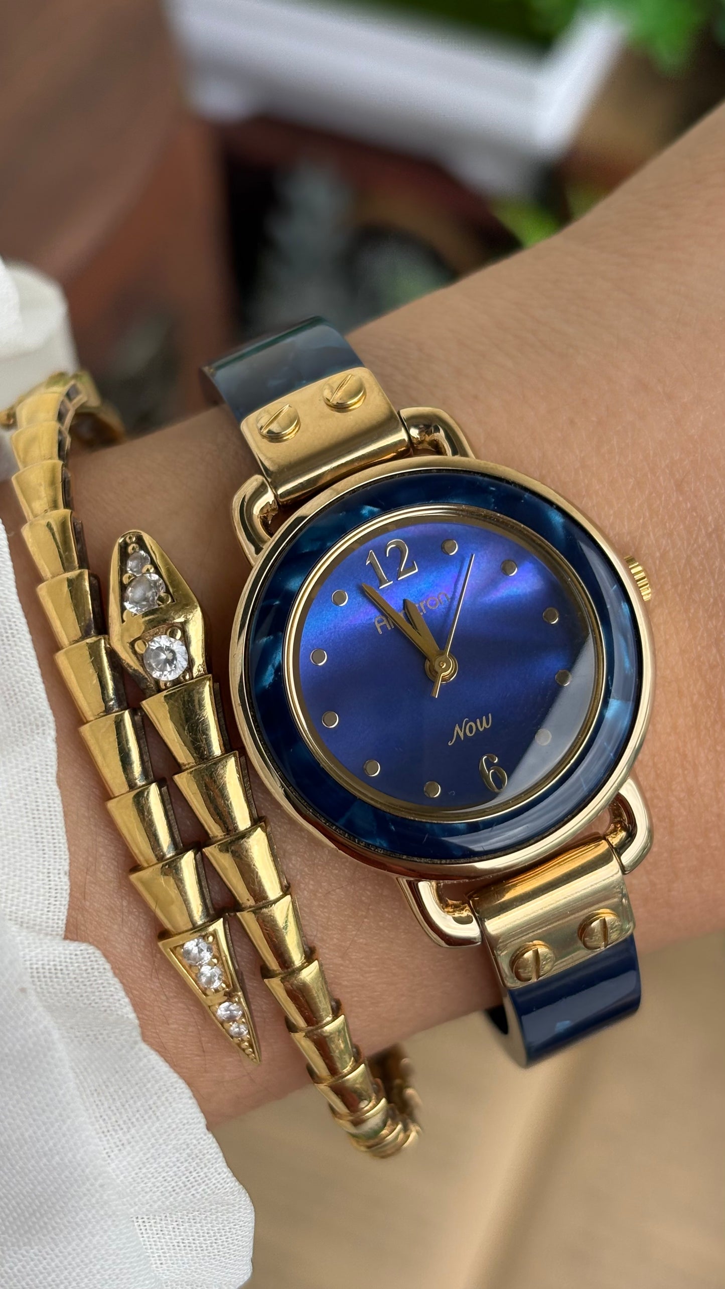 Vintage Armitron Watch In Gold Tone Deep Blue Mother of Pearl Dial