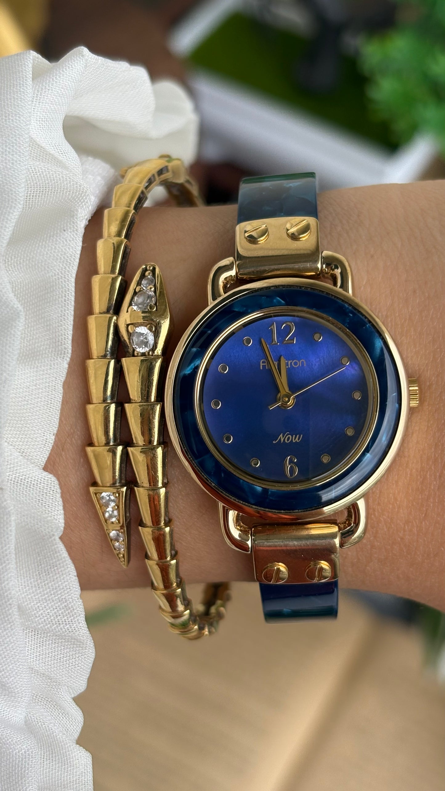 Vintage Armitron Watch In Gold Tone Deep Blue Mother of Pearl Dial