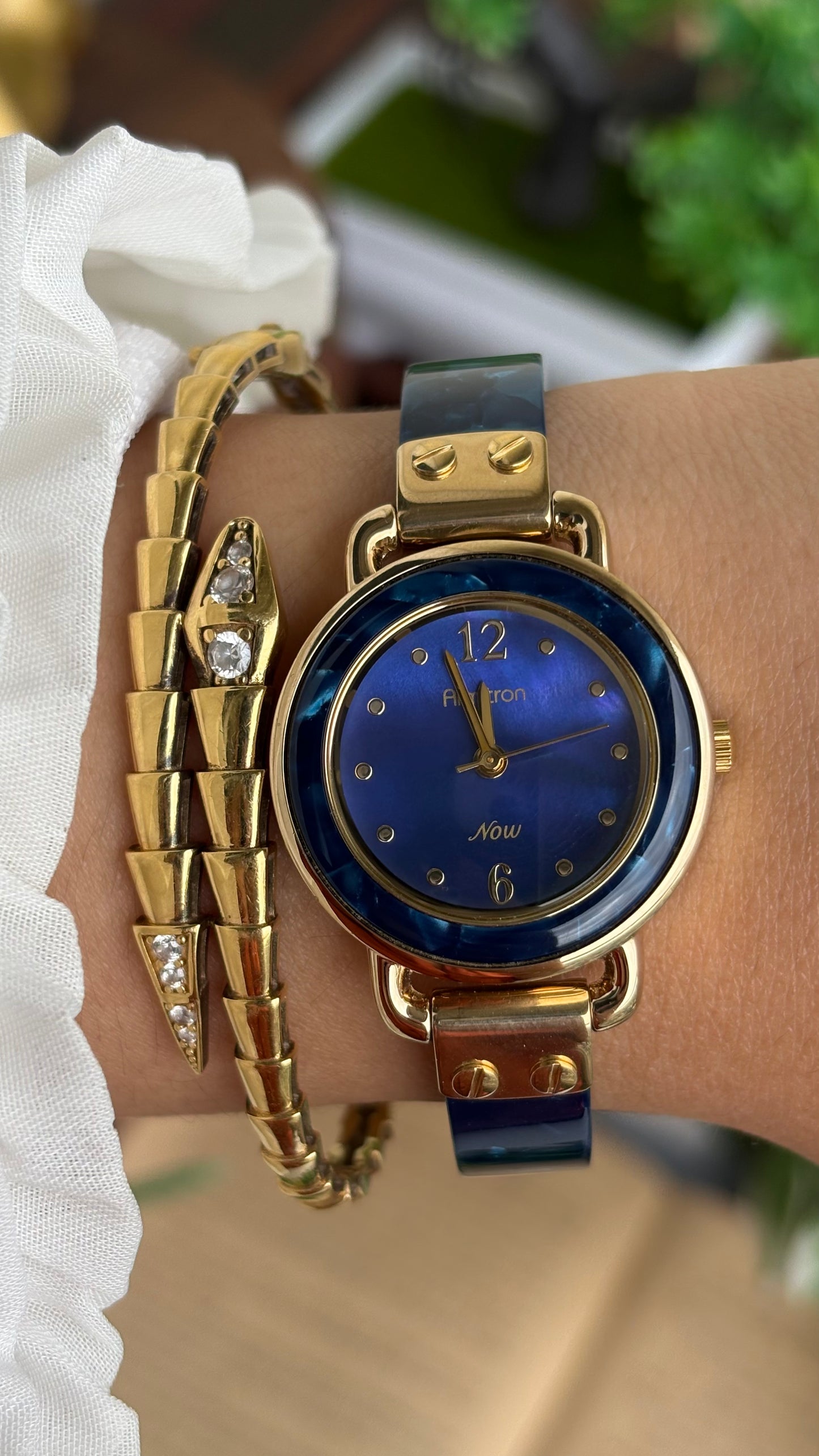 Vintage Armitron Watch In Gold Tone Deep Blue Mother of Pearl Dial