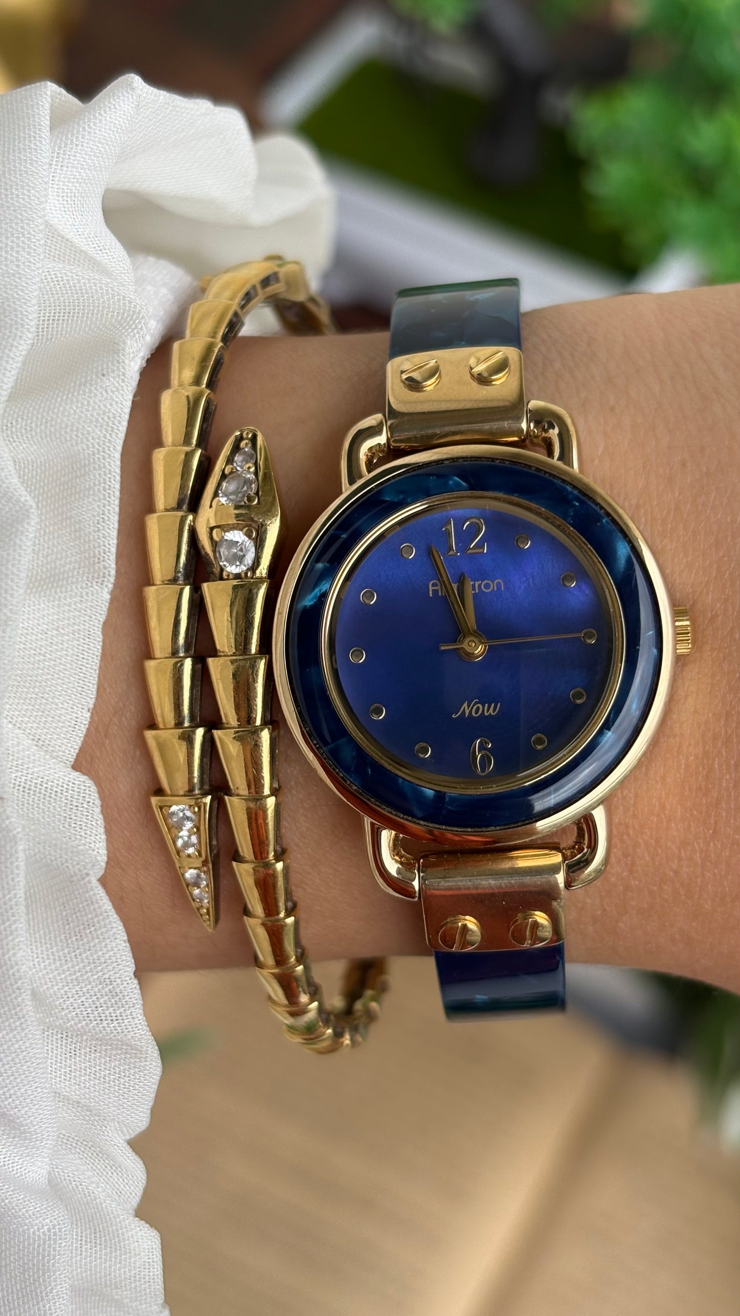 Vintage Armitron Watch In Gold Tone Deep Blue Mother of Pearl Dial