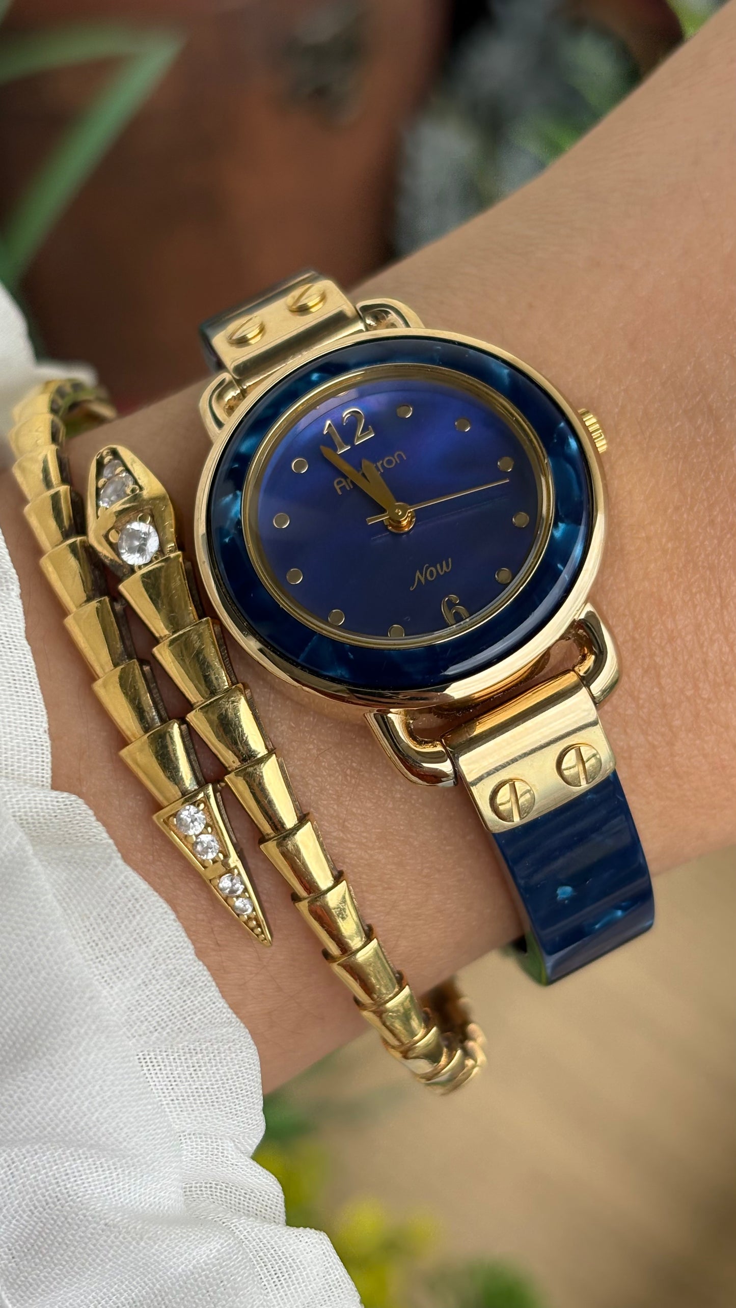 Vintage Armitron Watch In Gold Tone Deep Blue Mother of Pearl Dial