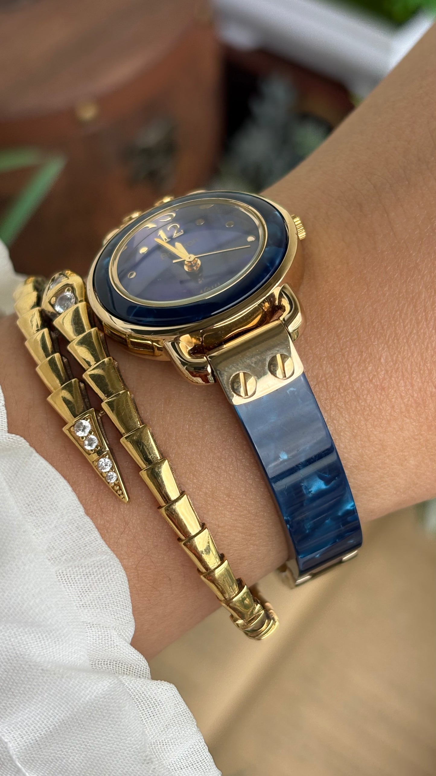 Vintage Armitron Watch In Gold Tone Deep Blue Mother of Pearl Dial