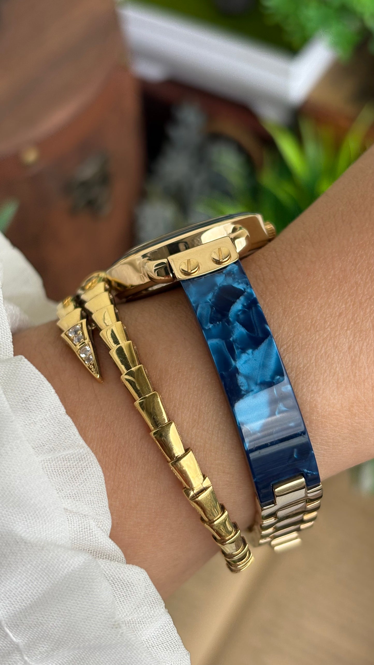 Vintage Armitron Watch In Gold Tone Deep Blue Mother of Pearl Dial