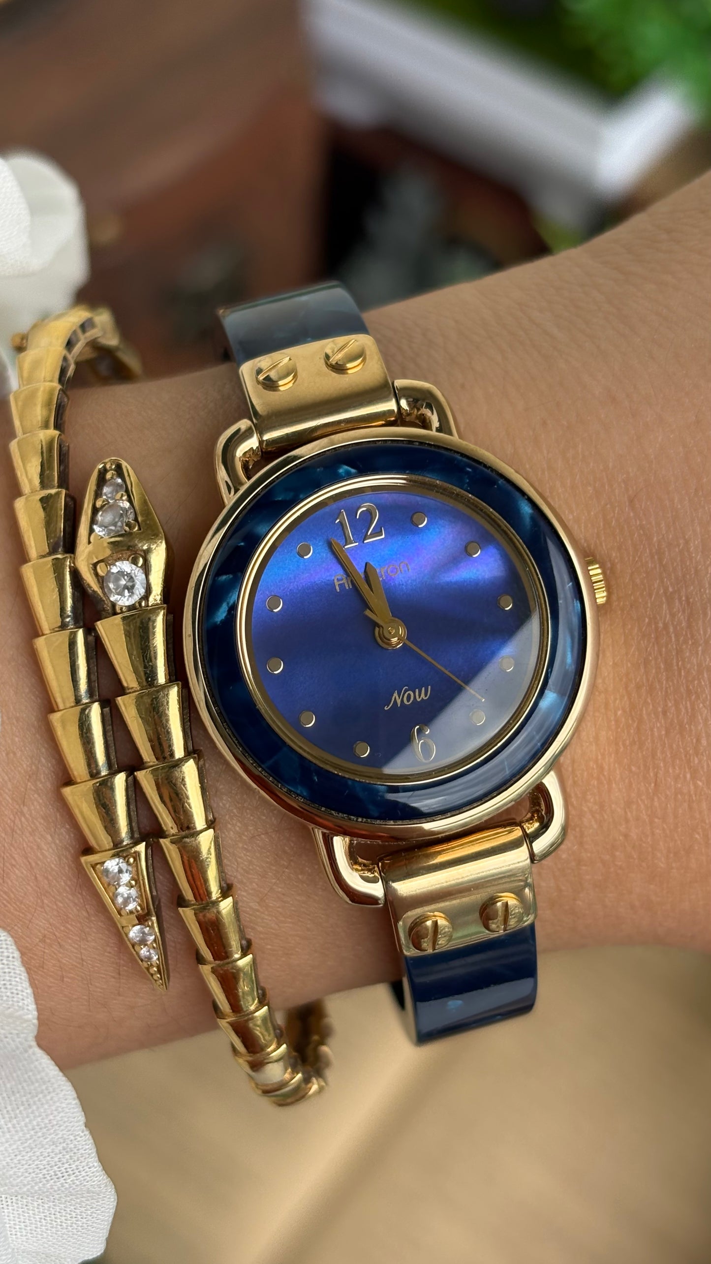 Vintage Armitron Watch In Gold Tone Deep Blue Mother of Pearl Dial