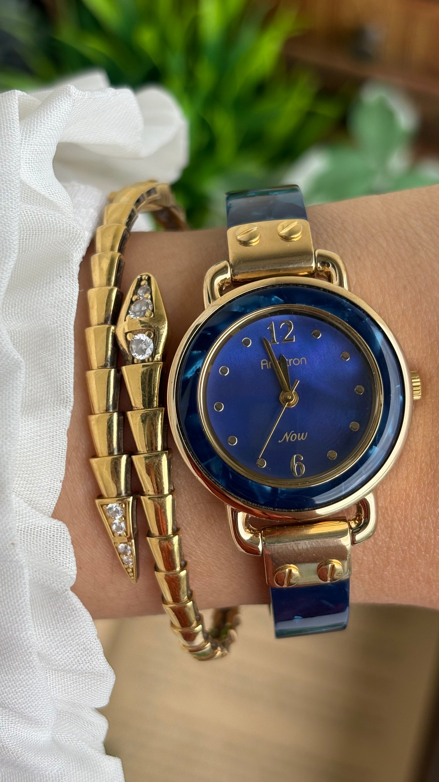Vintage Armitron Watch In Gold Tone Deep Blue Mother of Pearl Dial