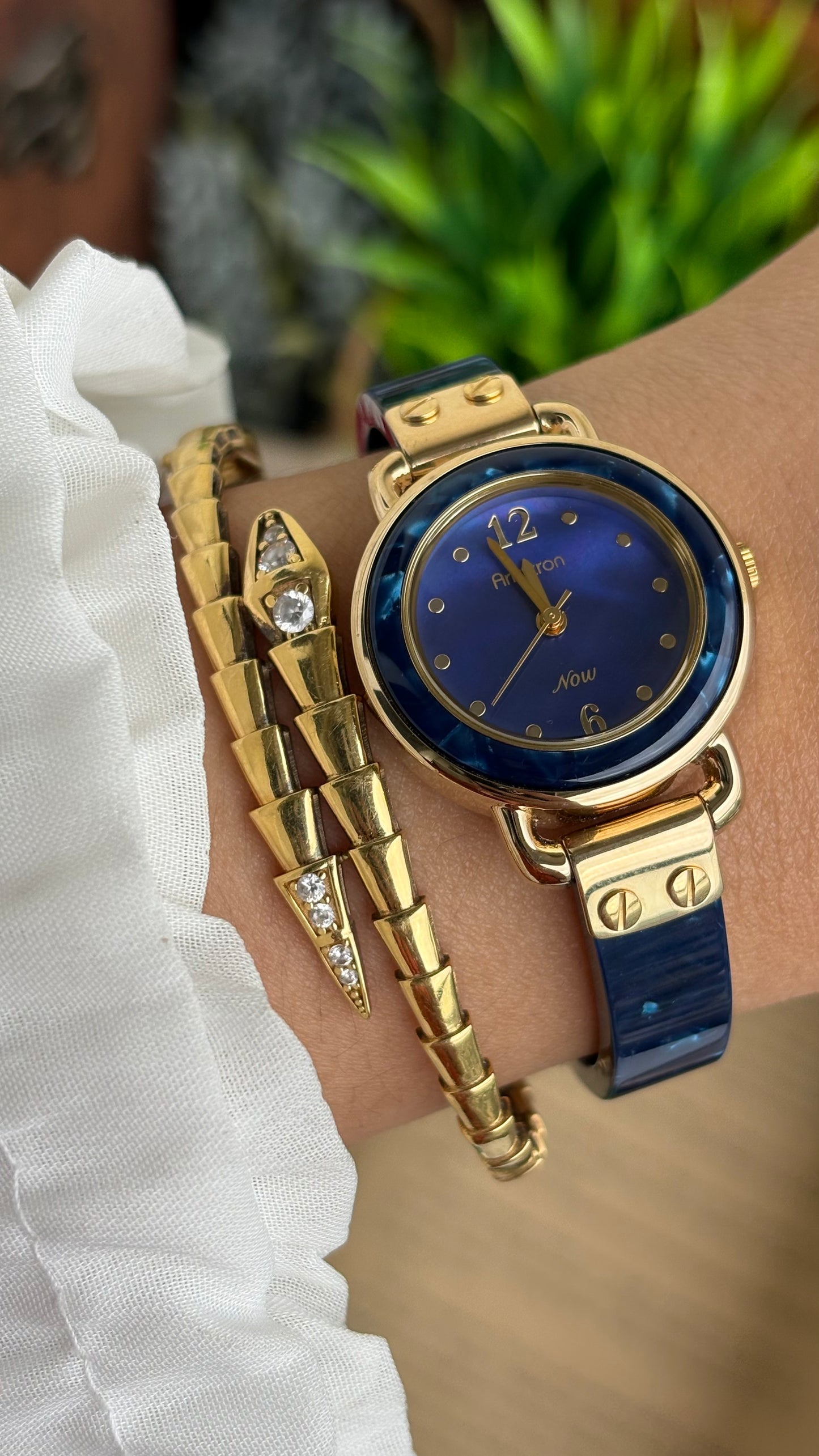 Vintage Armitron Watch In Gold Tone Deep Blue Mother of Pearl Dial