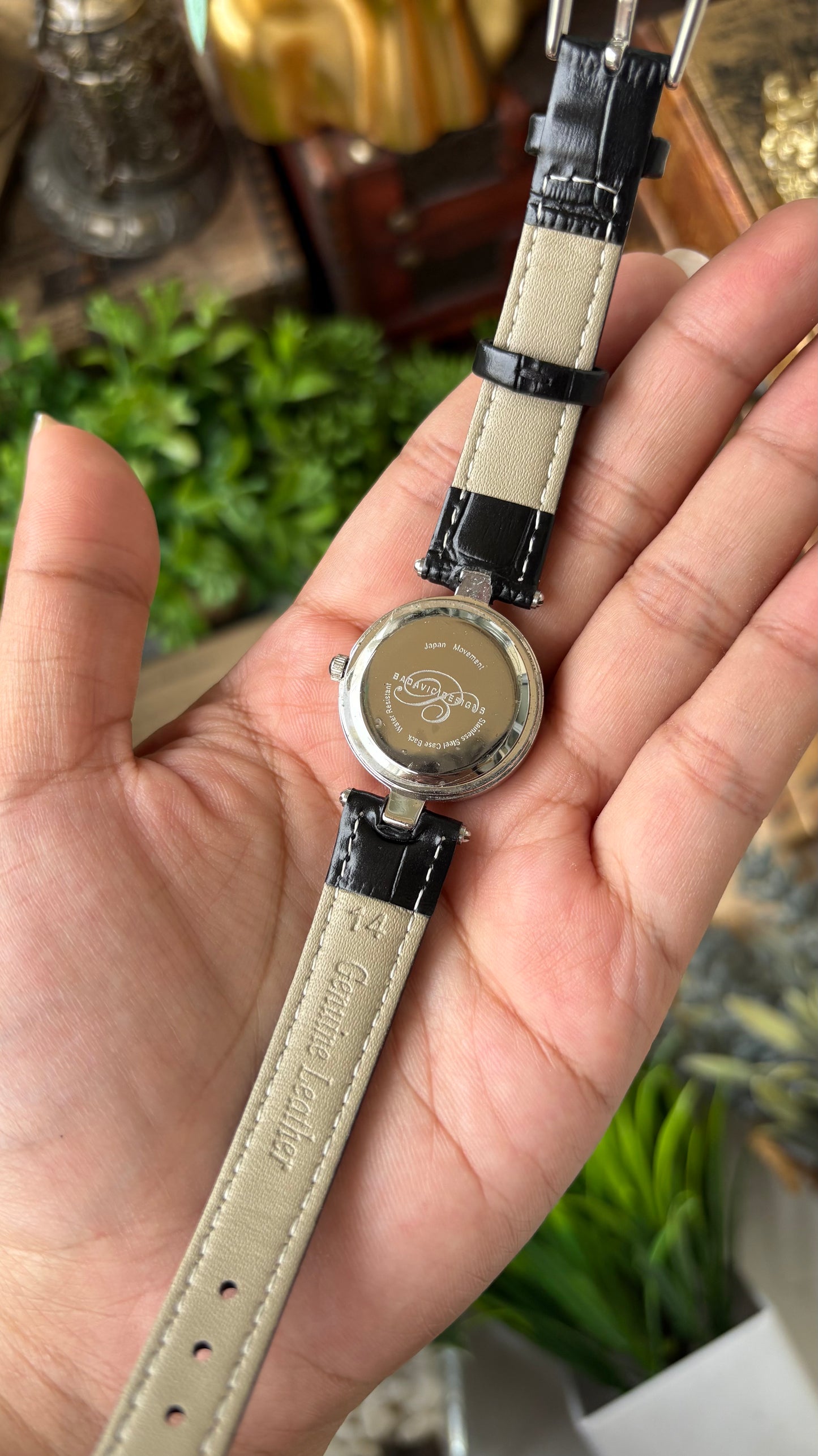 Vintage Badavici Elegant Green Rhinestone Bezel Watch in Silver Tone Sage Green Mother of Pearl Dial Quartz #00919