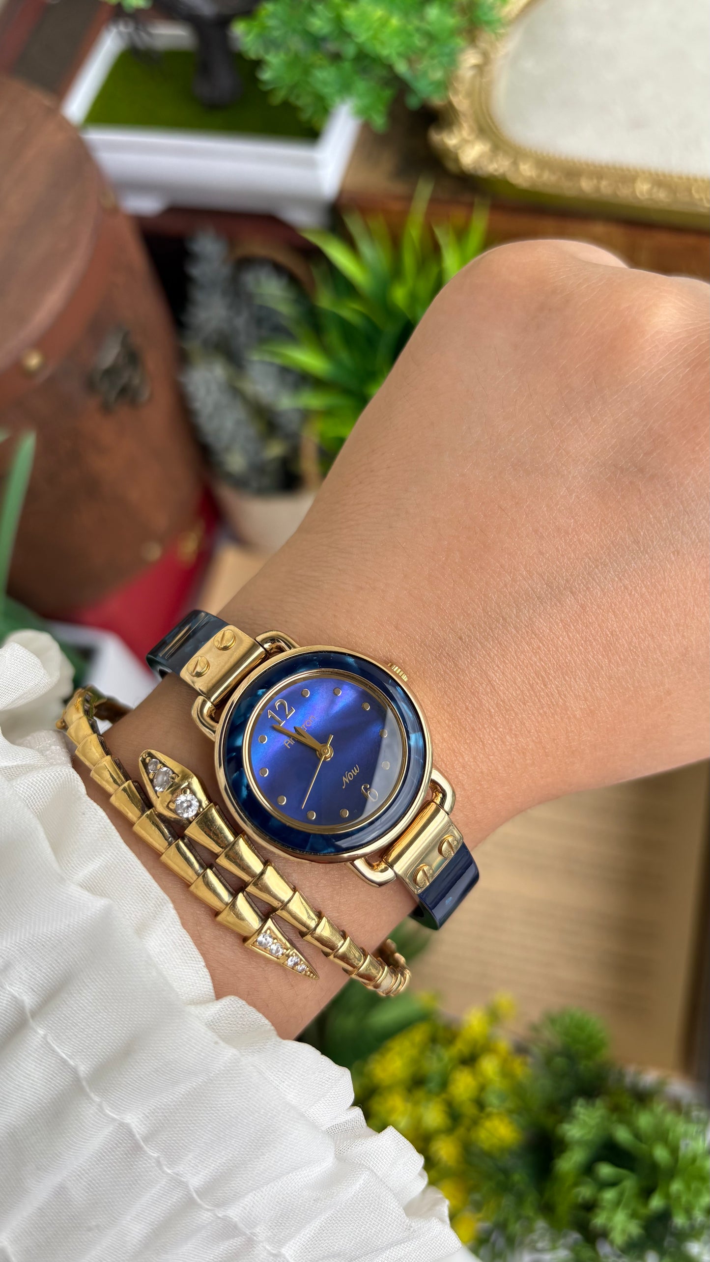 Vintage Armitron Watch In Gold Tone Deep Blue Mother of Pearl Dial