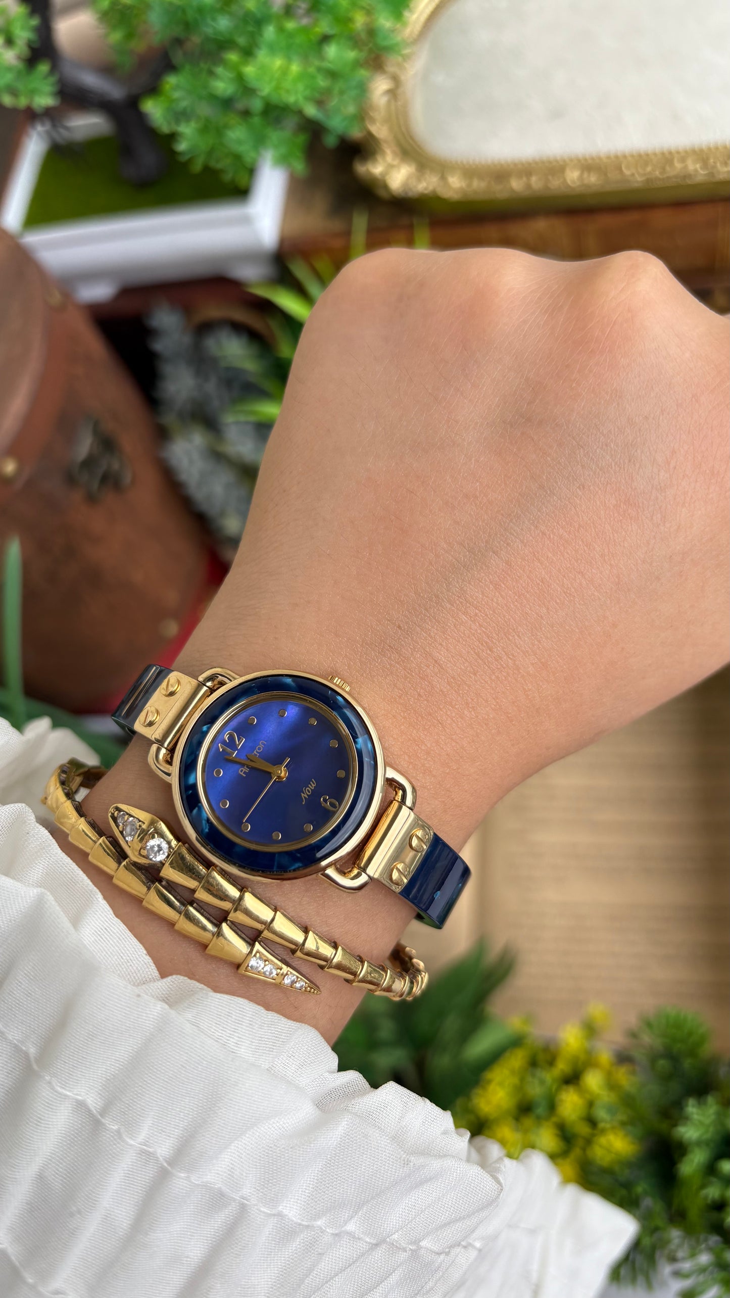 Vintage Armitron Watch In Gold Tone Deep Blue Mother of Pearl Dial