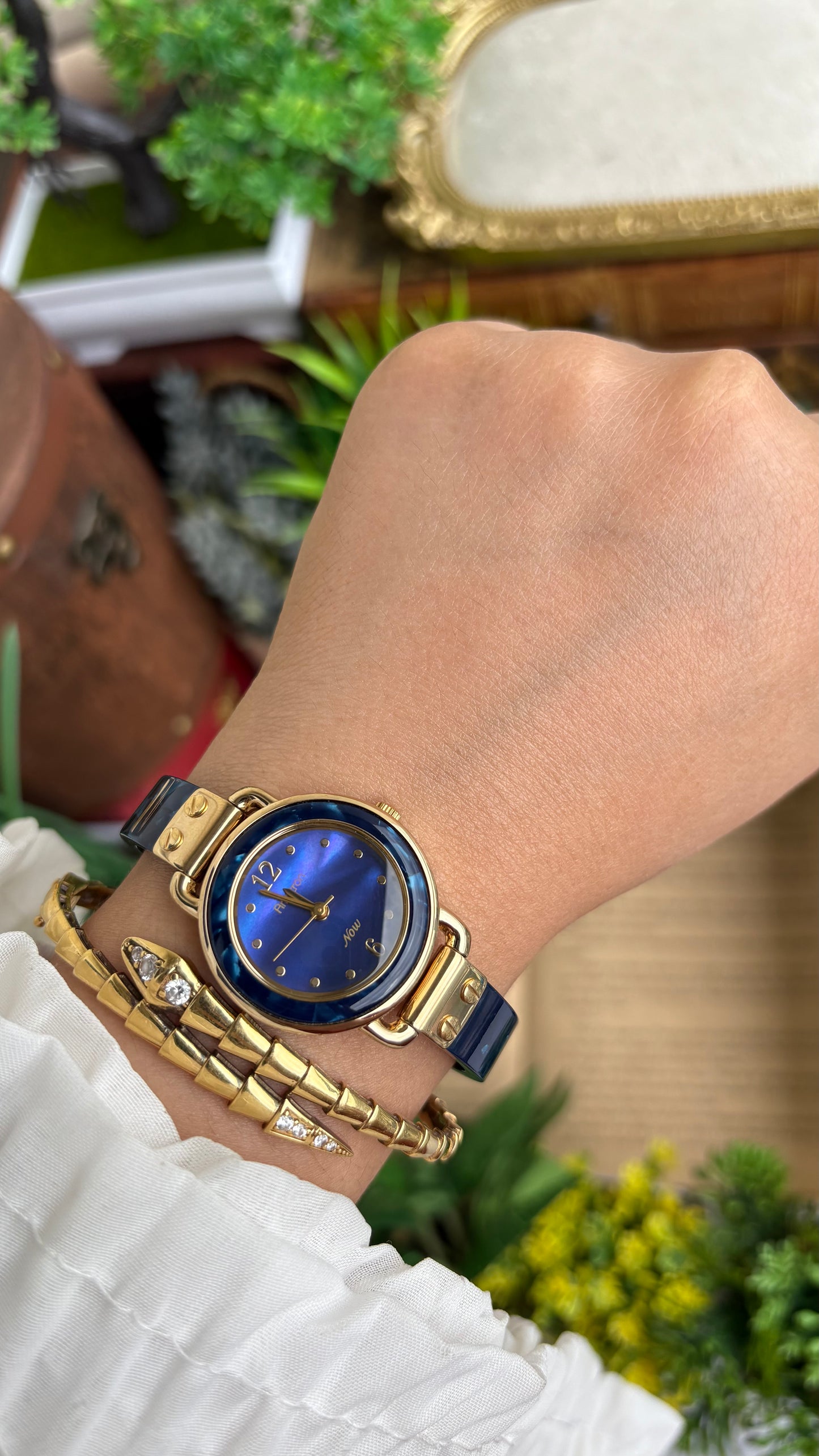 Vintage Armitron Watch In Gold Tone Deep Blue Mother of Pearl Dial