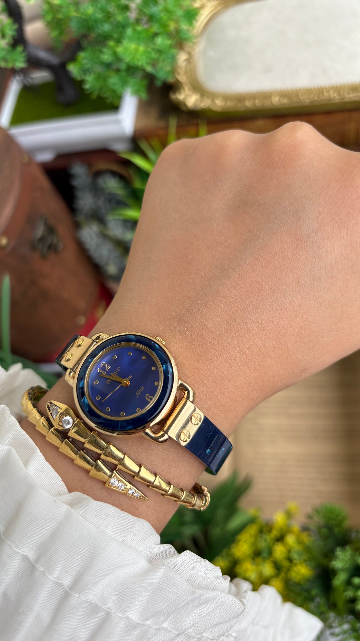 Vintage Armitron Watch In Gold Tone Deep Blue Mother of Pearl Dial